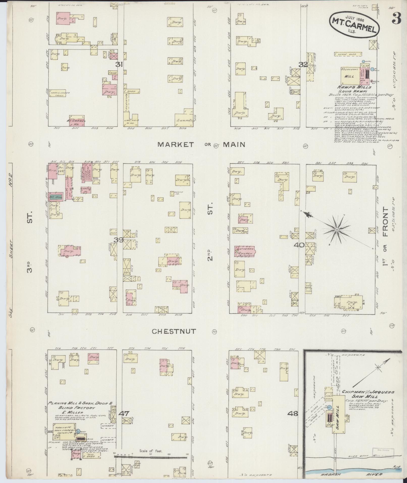 Sanborn Fire Insurance Map from Mount Carmel, Wabash County, Illinois (1886), Sheet #0003 - Complete Map Set gallery image, historic Sanborn map, vintage wall art, Illinois Illinois