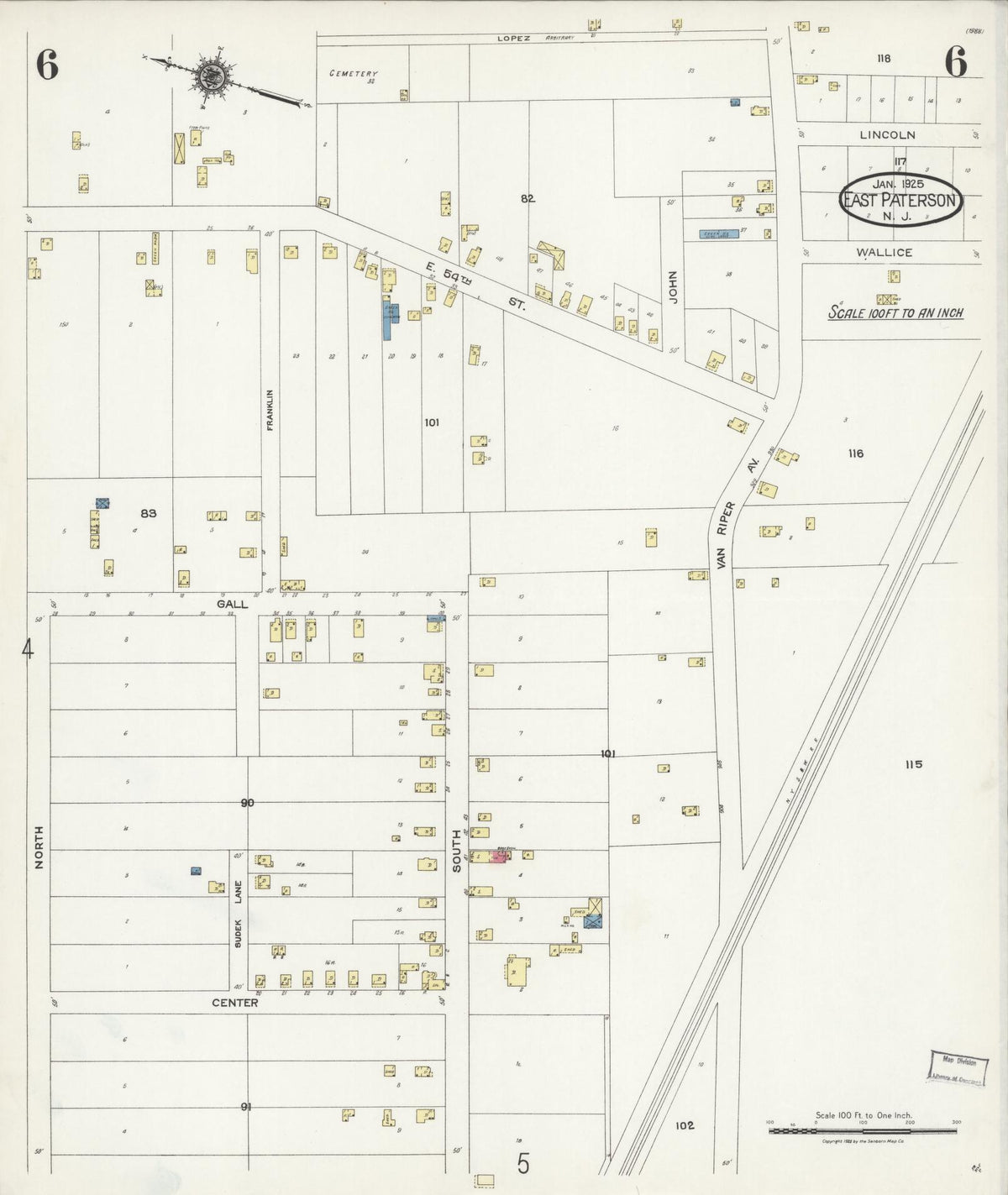 Sanborn Fire Insurance Map from East Paterson, Bergen County, New Jersey (1925), Sheet #0006 - Historic Sanborn Fire Insurance Map Print, vintage old map wall art, antique decor, genealogy gift, New Jersey New Jersey map
