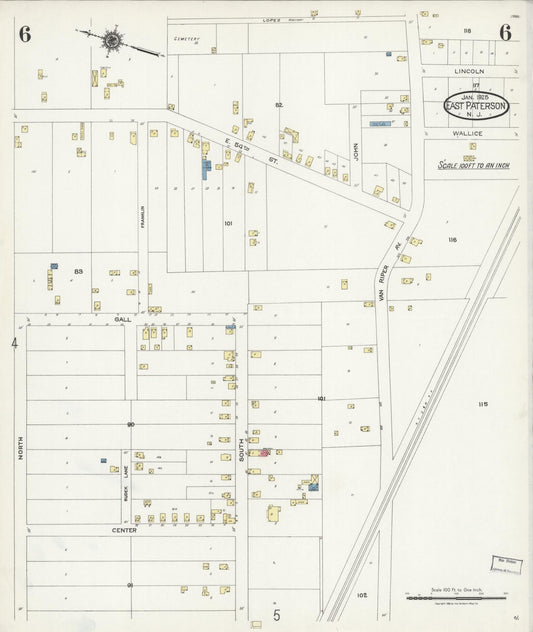 Sanborn Fire Insurance Map from East Paterson, Bergen County, New Jersey (1925), Sheet #0006 - Historic Sanborn Fire Insurance Map Print, vintage old map wall art, antique decor, genealogy gift, New Jersey New Jersey map