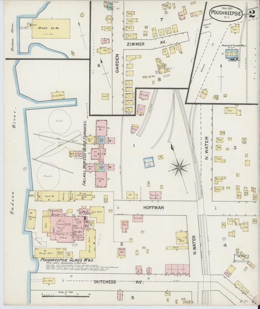 Sanborn Fire Insurance Map from Poughkeepsie, Dutchess County, New York (1887), Sheet #0002 - Historic Sanborn Fire Insurance Map Print, vintage old map wall art, antique decor, genealogy gift, New York New York map
