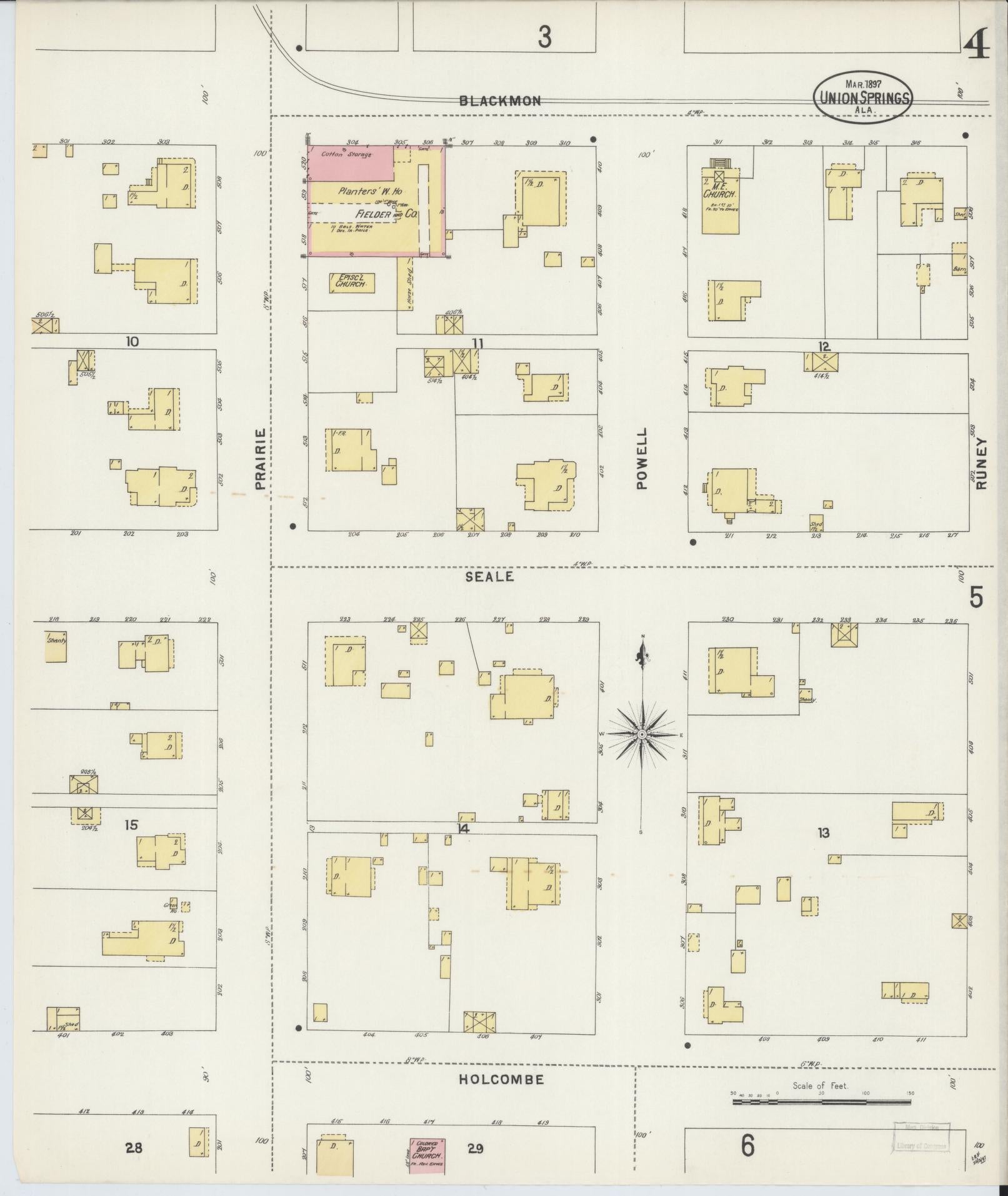 Sanborn Fire Insurance Map from Union Springs, Bullock County, Alabama (1897), Sheet #0004 - Historic Sanborn Fire Insurance Map Print, vintage old map wall art, antique decor, genealogy gift, Alabama Alabama map