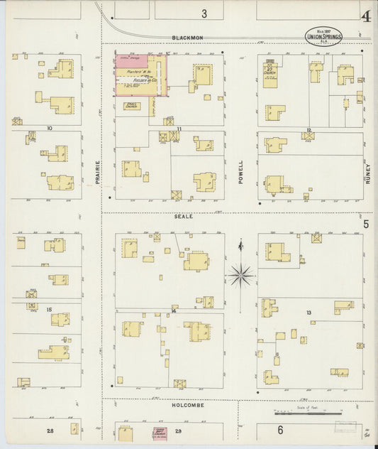 Sanborn Fire Insurance Map from Union Springs, Bullock County, Alabama (1897), Sheet #0004 - Historic Sanborn Fire Insurance Map Print, vintage old map wall art, antique decor, genealogy gift, Alabama Alabama map