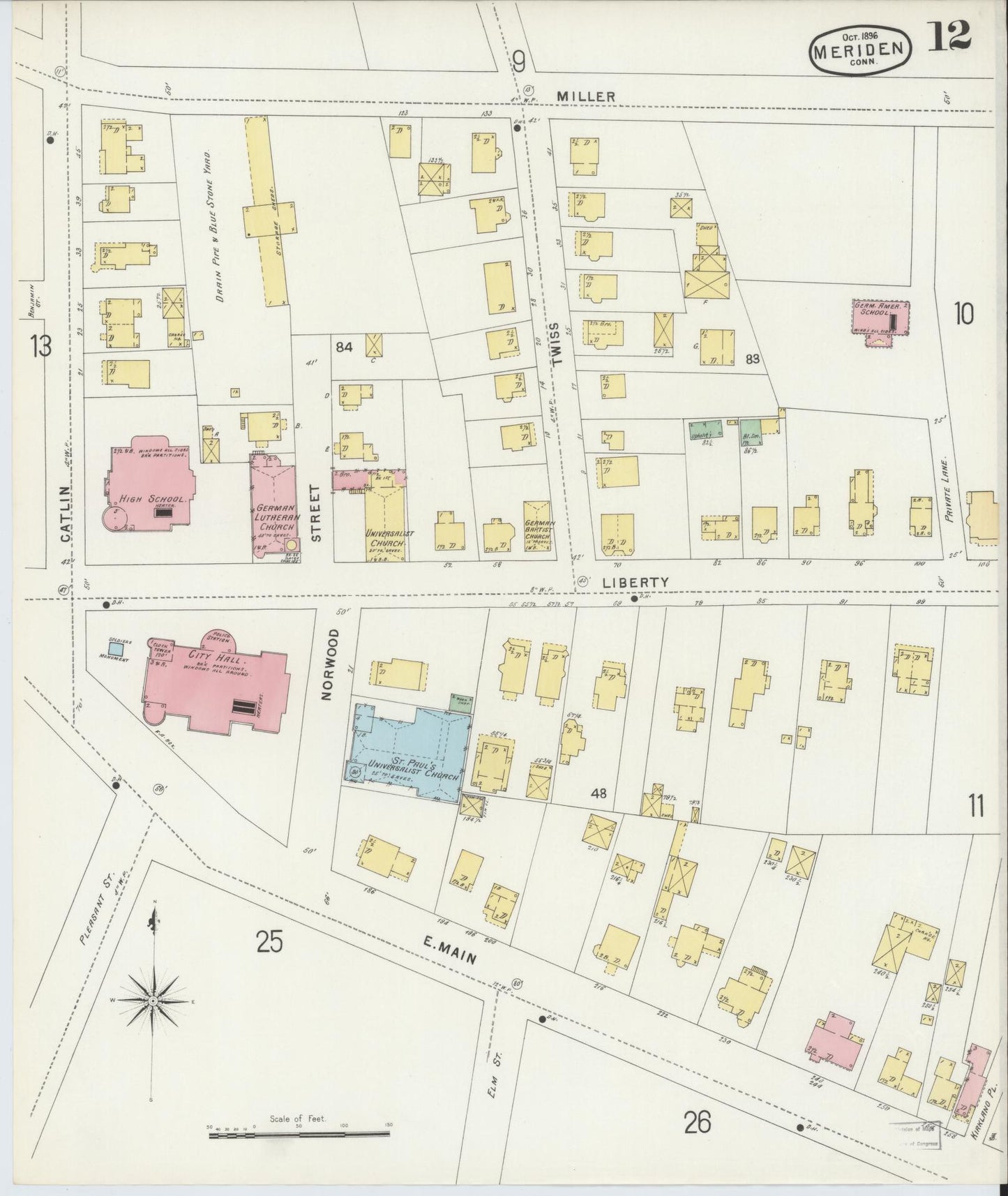 Sanborn Fire Insurance Map from Meriden, New Haven County, Connecticut (1896), Sheet #0012 - Historic Sanborn Fire Insurance Map Print, vintage old map wall art, antique decor, genealogy gift, Connecticut Connecticut map