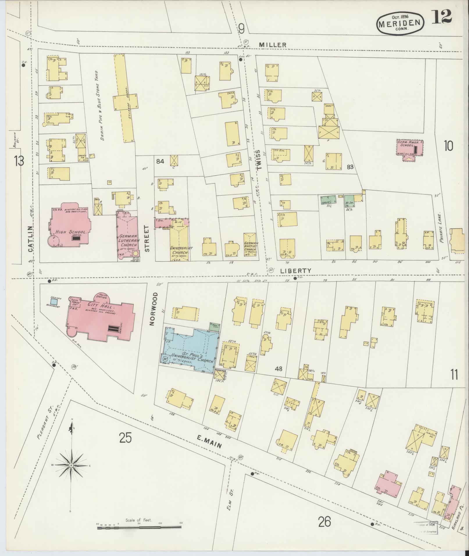 Sanborn Fire Insurance Map from Meriden, New Haven County, Connecticut (1896), Sheet #0012 - Historic Sanborn Fire Insurance Map Print, vintage old map wall art, antique decor, genealogy gift, Connecticut Connecticut map
