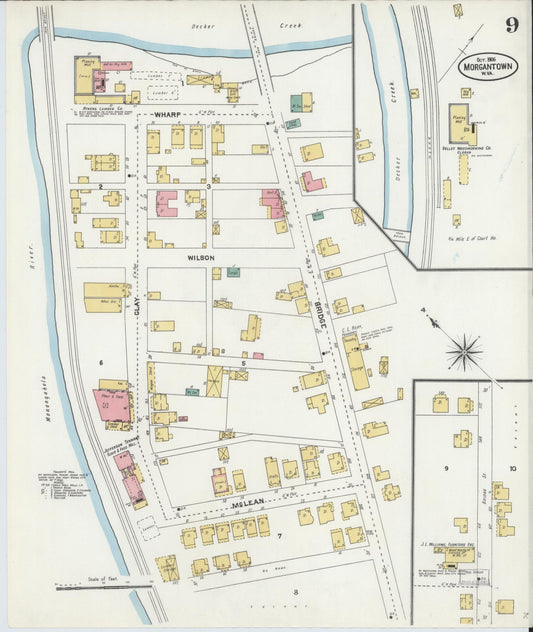 Sanborn Fire Insurance Map from Morgantown, Monongalia County, West Virginia (1906), Sheet #0009 - Historic Sanborn Fire Insurance Map Print, vintage old map wall art, antique decor, genealogy gift, West Virginia West Virginia map