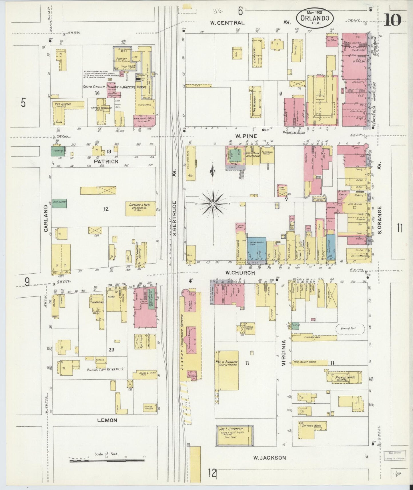 Sanborn Fire Insurance Map from Orlando, Orange County, Florida (1908), Sheet #0010 - Historic Sanborn Fire Insurance Map Print, vintage old map wall art, antique decor, genealogy gift, Florida Florida map