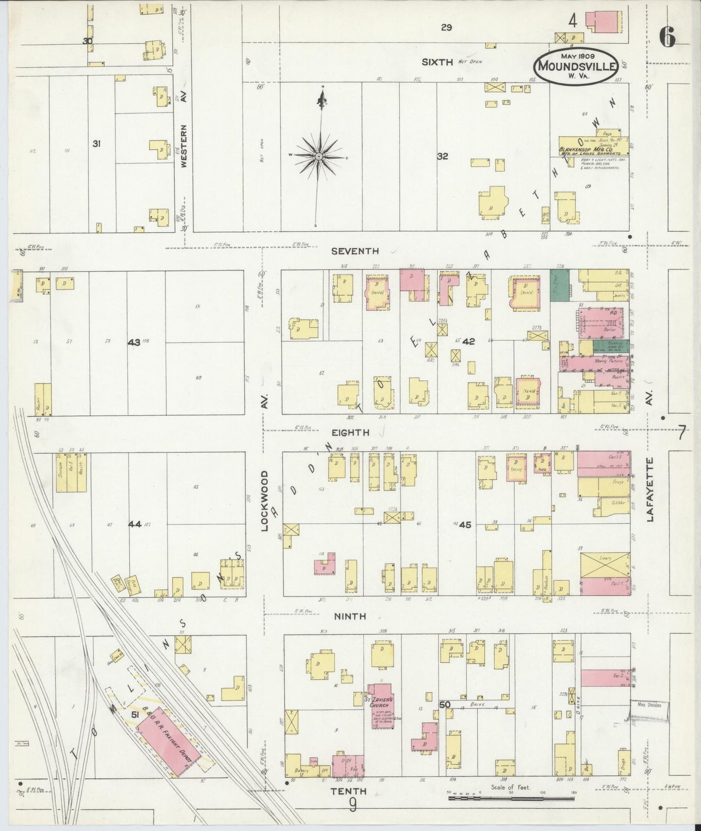 Sanborn Fire Insurance Map from Moundsville, Marshall County, West Virginia (1909), Sheet #0006 - Historic Sanborn Fire Insurance Map Print, vintage old map wall art, antique decor, genealogy gift, West Virginia West Virginia map