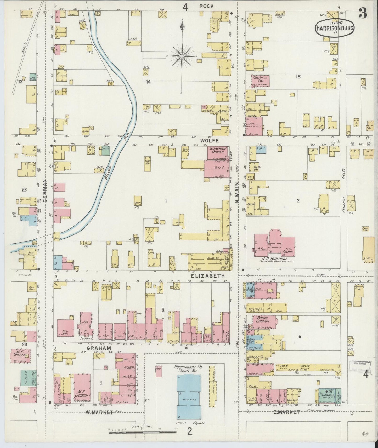 Sanborn Fire Insurance Map from Harrisonburg, Independent Cities, Virginia (1897), Sheet #0003 - Historic Sanborn Fire Insurance Map Print, vintage old map wall art, antique decor, genealogy gift, Virginia Virginia map
