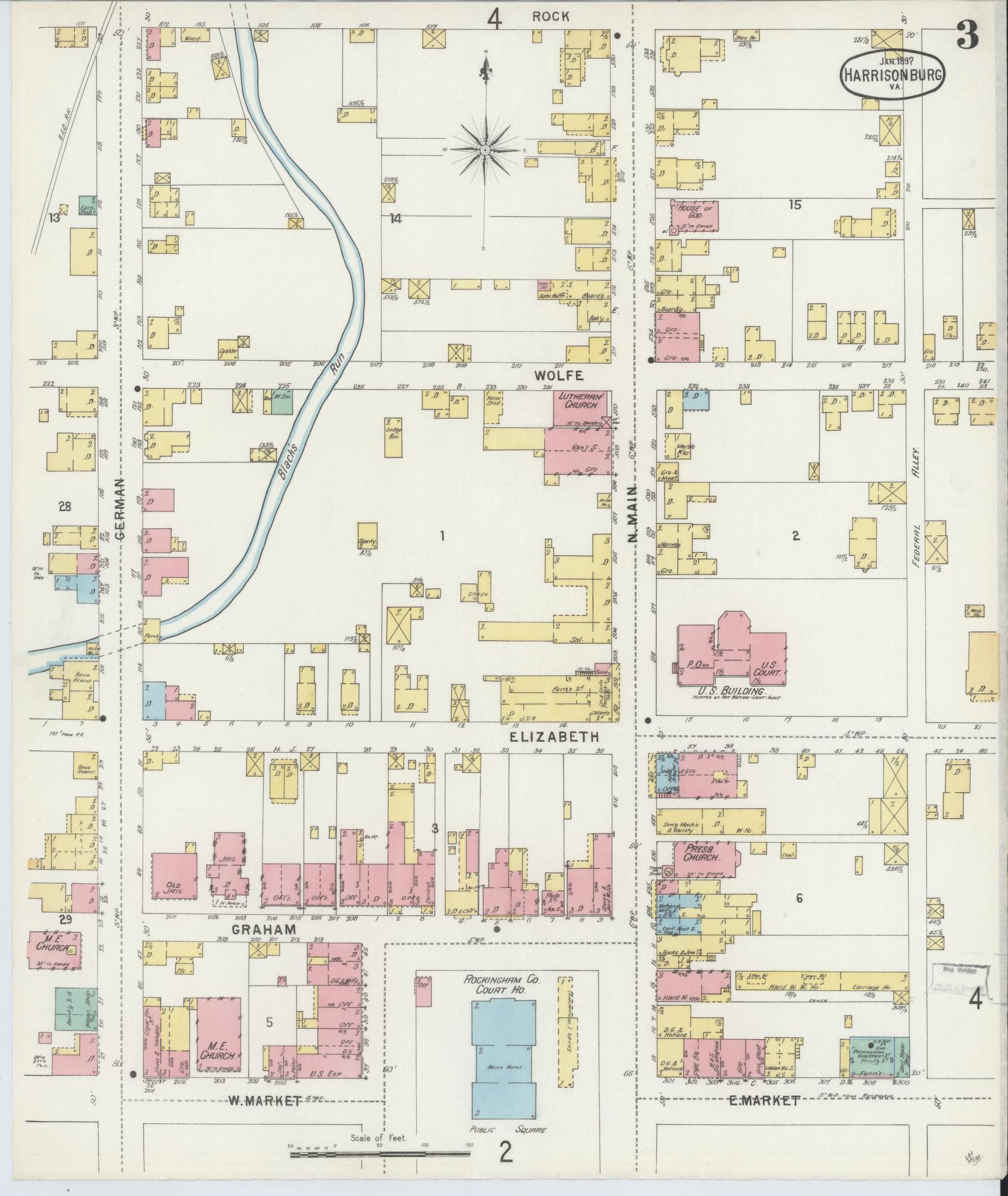 Sanborn Fire Insurance Map from Harrisonburg, Independent Cities, Virginia (1897), Sheet #0003 - Historic Sanborn Fire Insurance Map Print, vintage old map wall art, antique decor, genealogy gift, Virginia Virginia map