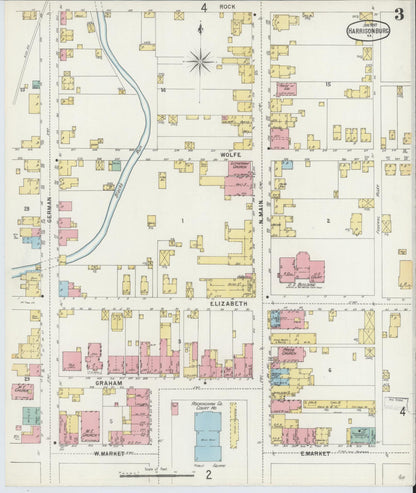 Sanborn Fire Insurance Map from Harrisonburg, Independent Cities, Virginia (1897), Sheet #0003 - Historic Sanborn Fire Insurance Map Print, vintage old map wall art, antique decor, genealogy gift, Virginia Virginia map