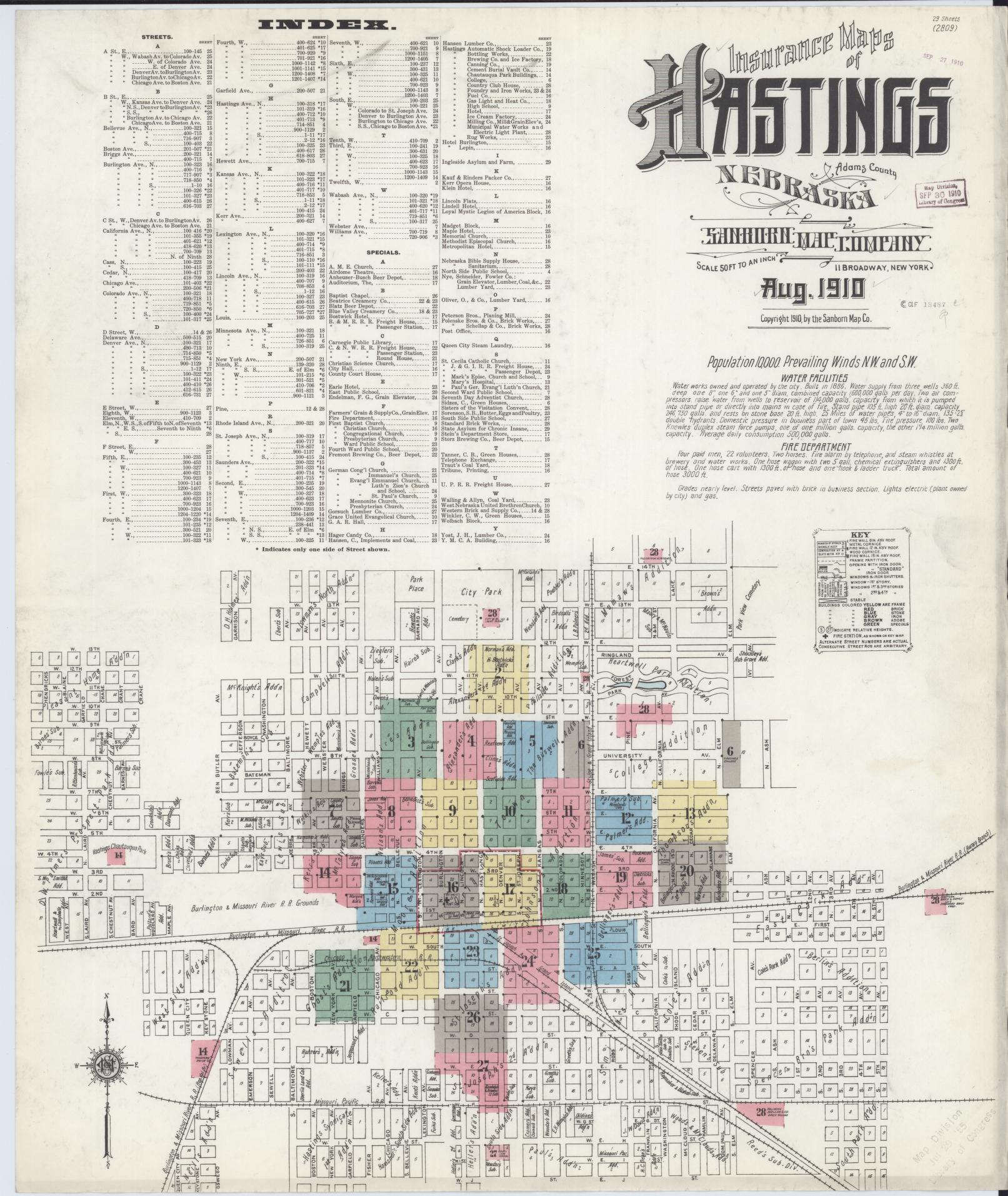 Sanborn Fire Insurance Map from Hastings, Adams County, Nebraska (1910), Sheet #0001 - Complete Map Set gallery image, historic Sanborn map, vintage wall art, Nebraska Nebraska