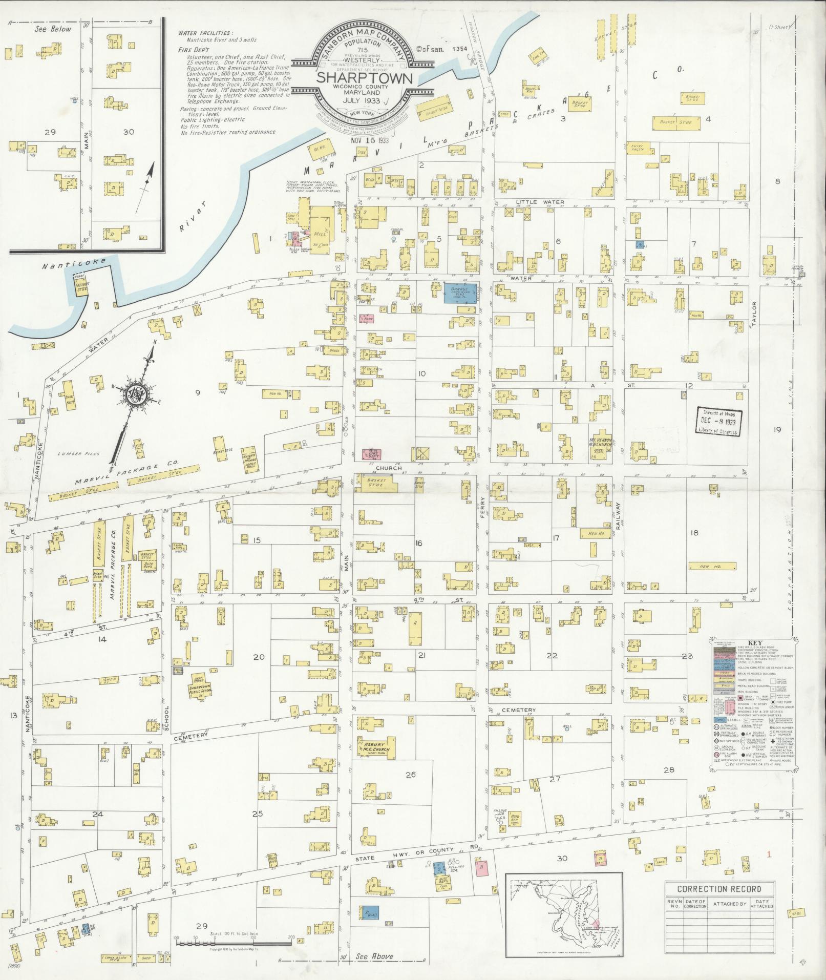 Sanborn Fire Insurance Map from Sharptown, Wicomico County, Maryland (1933), Sheet #0001 - Historic Sanborn Fire Insurance Map Print, vintage old map wall art, antique decor, genealogy gift, Maryland Maryland map