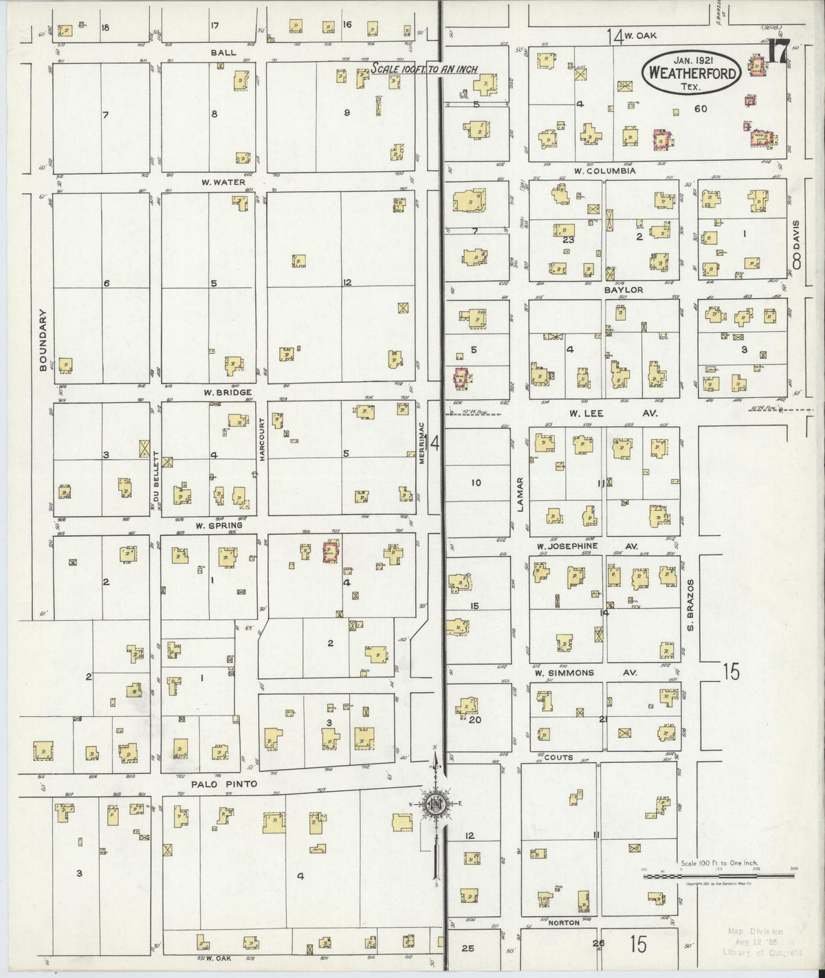 Sanborn Fire Insurance Map from Weatherford, Parker County, Texas (1921), Sheet #0017 - Historic Sanborn Fire Insurance Map Print, vintage old map wall art, antique decor, genealogy gift, Texas Texas map