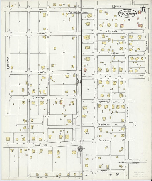 Sanborn Fire Insurance Map from Weatherford, Parker County, Texas (1921), Sheet #0017 - Historic Sanborn Fire Insurance Map Print, vintage old map wall art, antique decor, genealogy gift, Texas Texas map