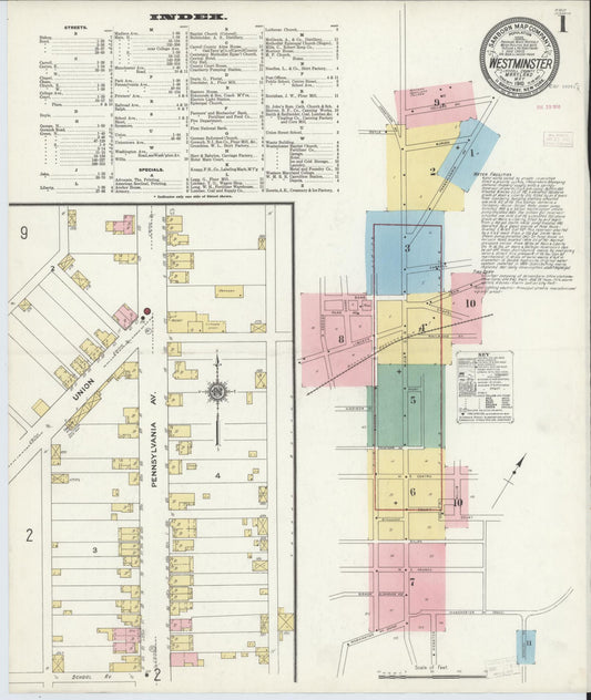 Sanborn Fire Insurance Map from Westminster, Carroll County, Maryland (1910), Sheet #0001 - Historic Sanborn Fire Insurance Map Print, vintage old map wall art, antique decor, genealogy gift, Maryland Maryland map