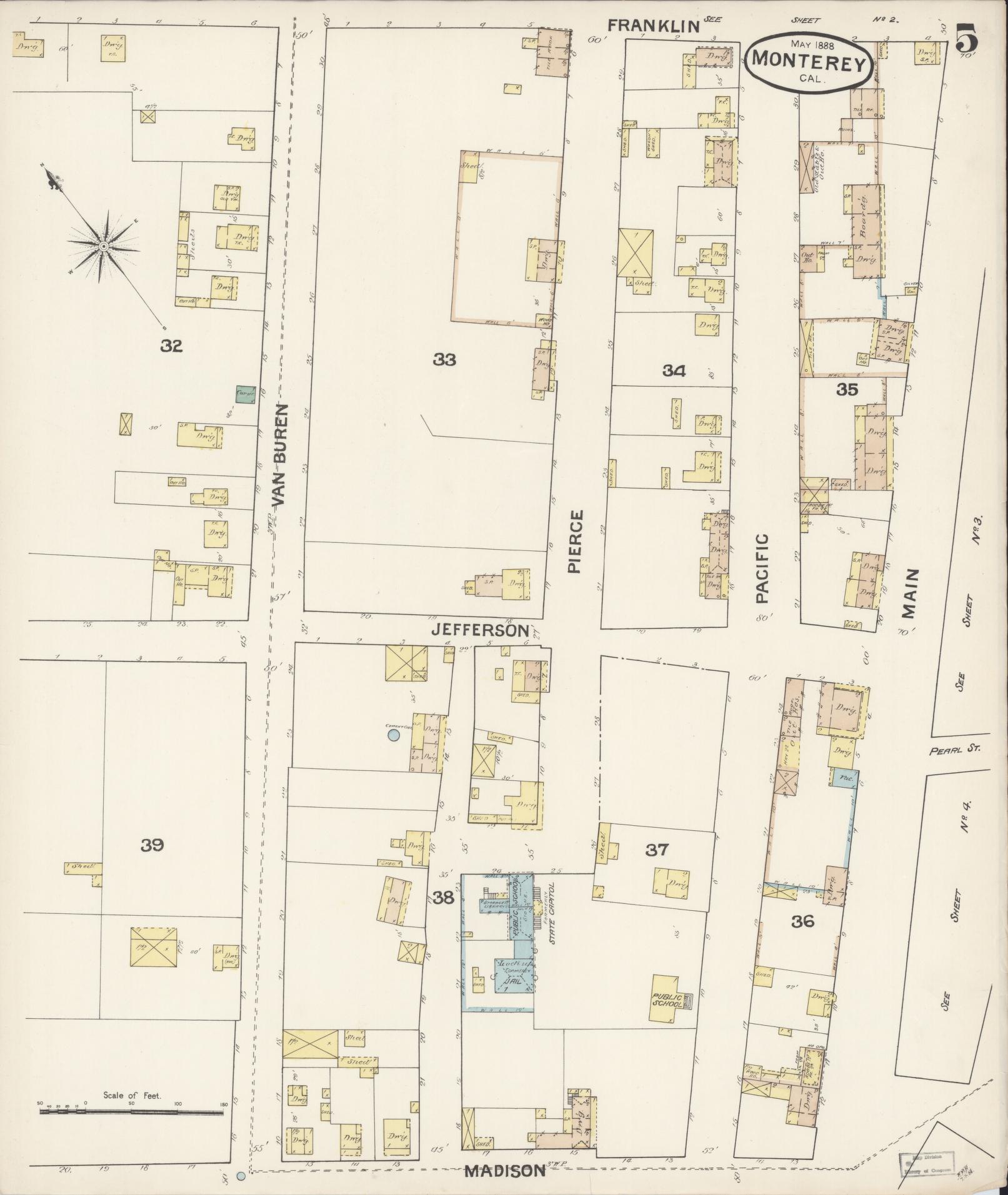 Sanborn Fire Insurance Map from Monterey, Monterey County, California (1888), Sheet #0005 - Historic Sanborn Fire Insurance Map Print, vintage old map wall art, antique decor, genealogy gift, California California map