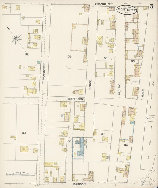 Sanborn Fire Insurance Map from Monterey, Monterey County, California (1888), Sheet #0005 - Historic Sanborn Fire Insurance Map Print, vintage old map wall art, antique decor, genealogy gift, California California map