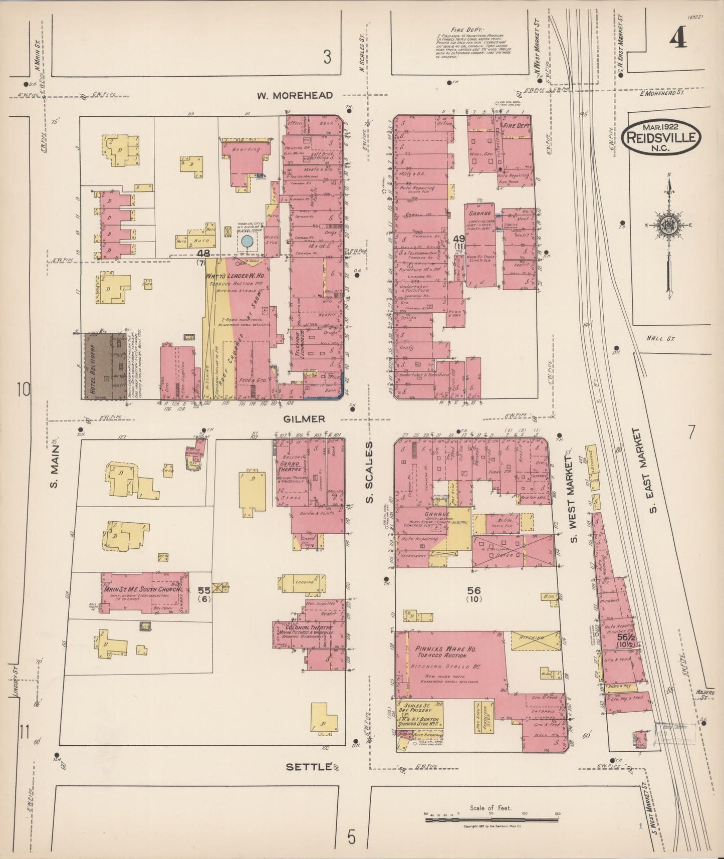 Sanborn Fire Insurance Map from Reidsville, Rockingham County, North Carolina (1922), Sheet #0004 - Complete Map Set gallery image, historic Sanborn map, vintage wall art, North Carolina North Carolina
