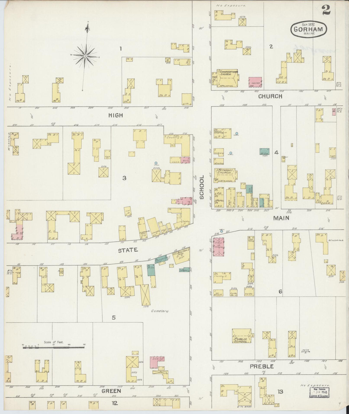 Sanborn Fire Insurance Map from Gorham, Cumberland County, Maine (1892), Sheet #0002 - Complete Map Set gallery image, historic Sanborn map, vintage wall art, Maine Maine