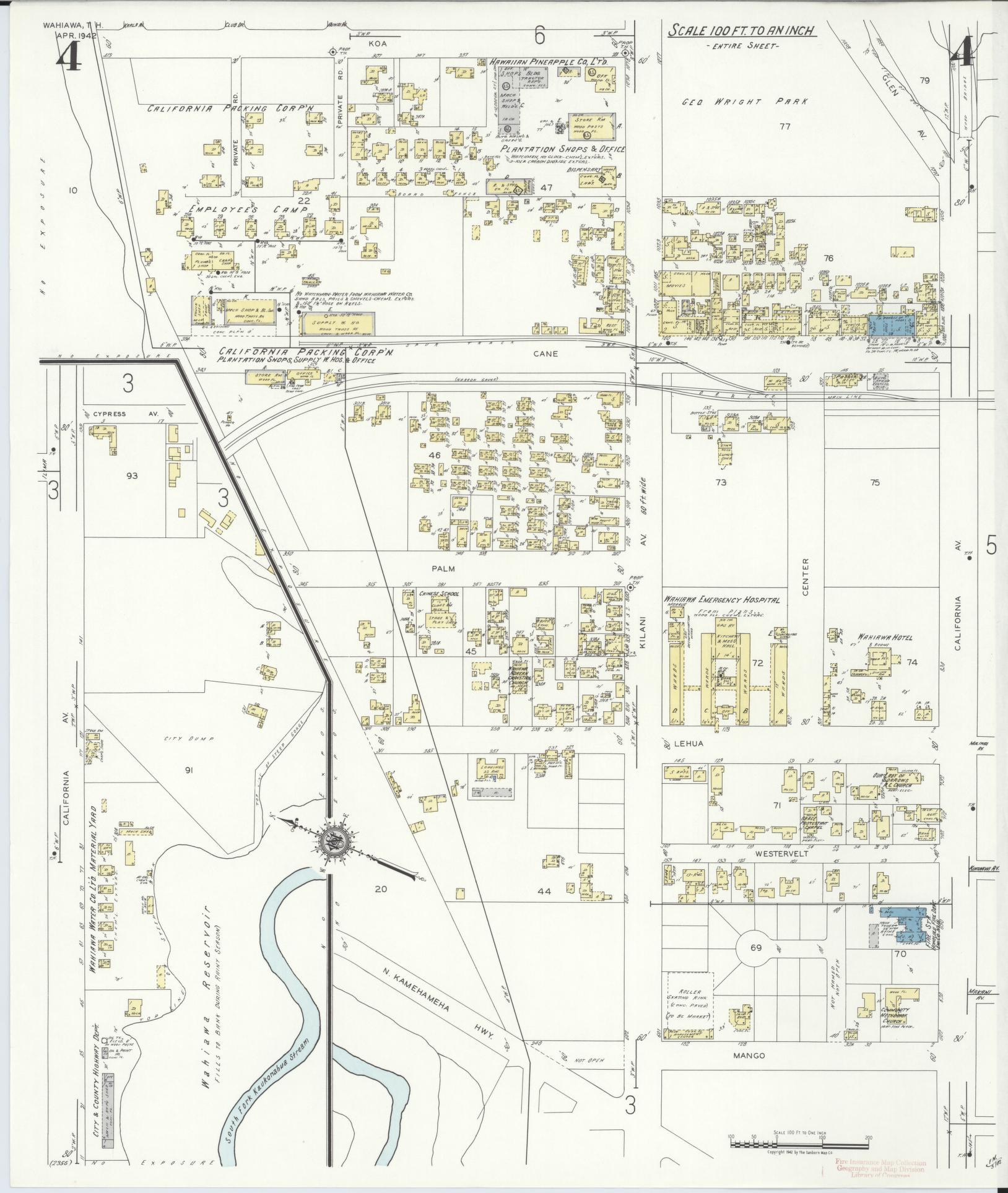 Sanborn Fire Insurance Map from Wahiawa, Honolulu County, Hawaii (1942), Sheet #0004 - Historic Sanborn Fire Insurance Map Print, vintage old map wall art, antique decor, genealogy gift, Hawaii Hawaii map