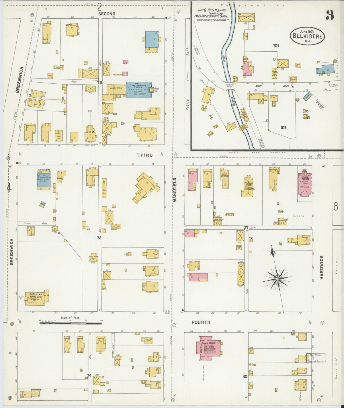 Sanborn Fire Insurance Map from Belvidere, Warren County, New Jersey (1903), Sheet #0003 - Historic Sanborn Fire Insurance Map Print, vintage old map wall art, antique decor, genealogy gift, New Jersey New Jersey map