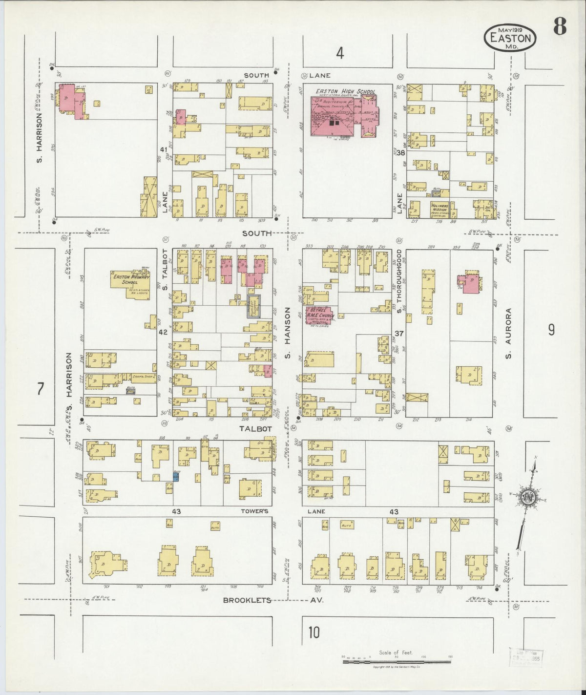Sanborn Fire Insurance Map from Easton, Talbot County, Maryland (1919), Sheet #0008 - Historic Sanborn Fire Insurance Map Print, vintage old map wall art, antique decor, genealogy gift, Maryland Maryland map