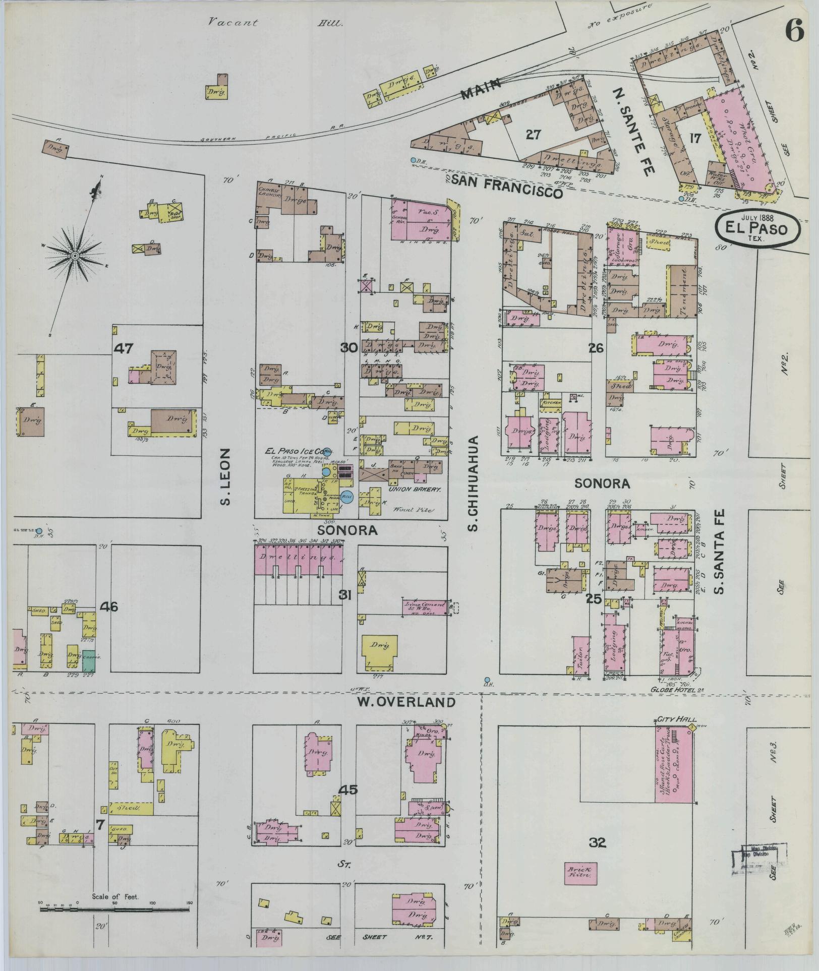 Sanborn Fire Insurance Map from El Paso, El Paso County, Texas (1888), Sheet #0006 - Historic Sanborn Fire Insurance Map Print, vintage old map wall art, antique decor, genealogy gift, Texas Texas map