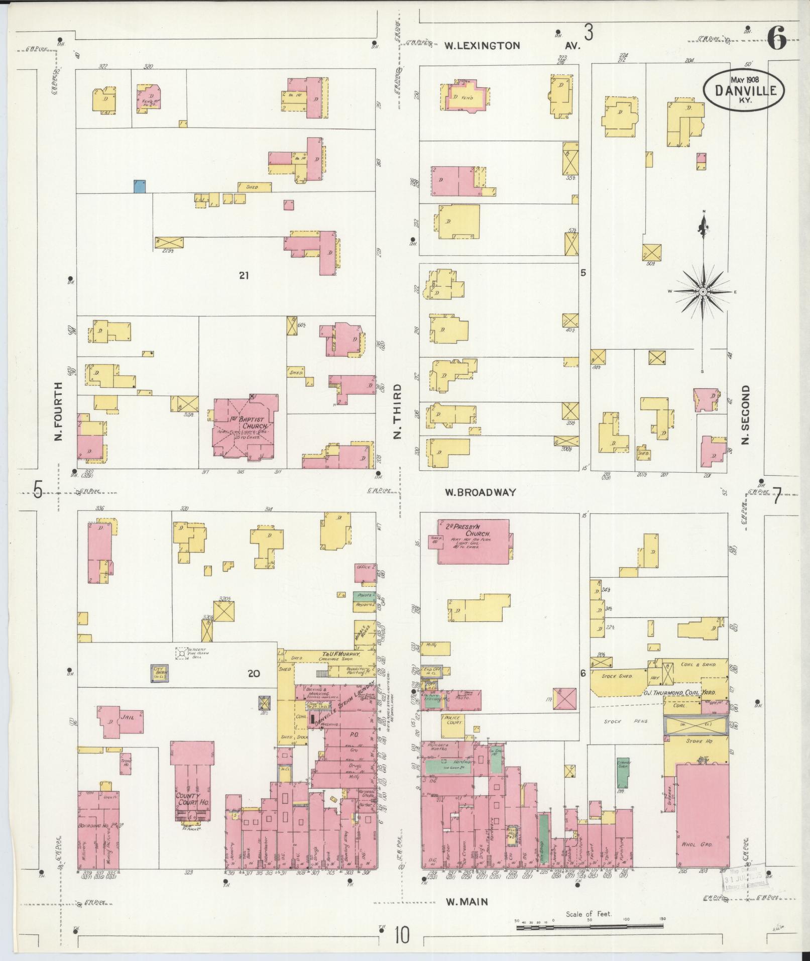 Sanborn Fire Insurance Map from Danville, Boyle County, Kentucky (1908), Sheet #0006 - Historic Sanborn Fire Insurance Map Print, vintage old map wall art, antique decor, genealogy gift, Kentucky Kentucky map