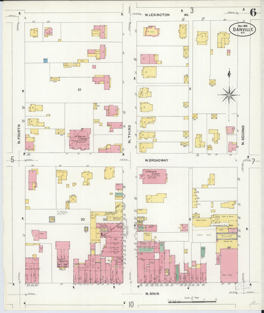 Sanborn Fire Insurance Map from Danville, Boyle County, Kentucky (1908), Sheet #0006 - Historic Sanborn Fire Insurance Map Print, vintage old map wall art, antique decor, genealogy gift, Kentucky Kentucky map