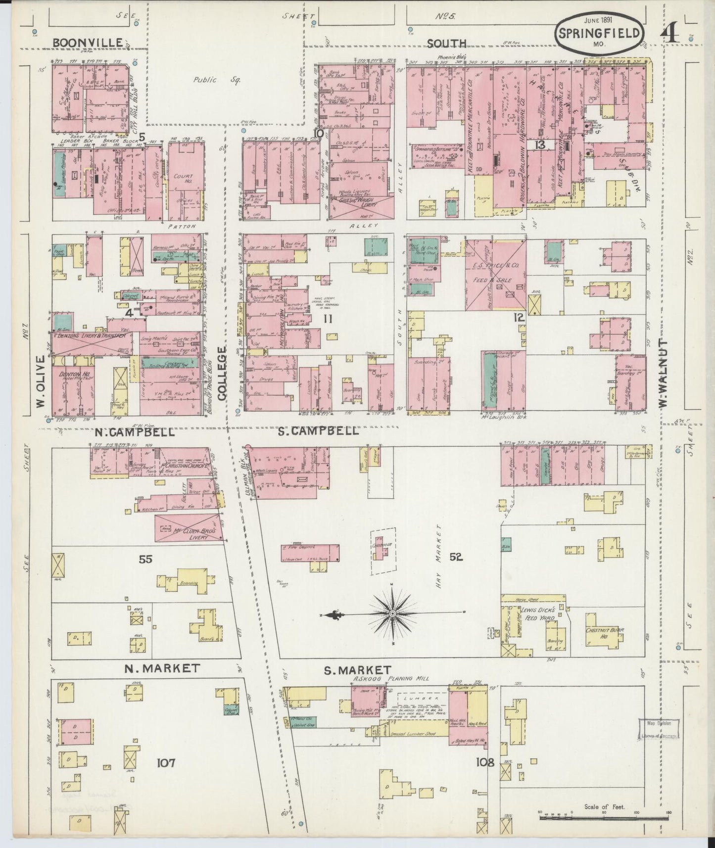 Sanborn Fire Insurance Map from Springfield, Greene County, Missouri (1891), Sheet #0004 - Complete Map Set gallery image, historic Sanborn map, vintage wall art, Missouri Missouri