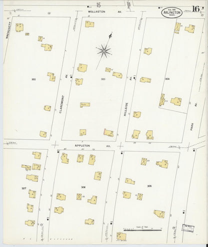 Sanborn Fire Insurance Map from Arlington, Middlesex County, Massachusetts (1908), Sheet #0016 - Historic Sanborn Fire Insurance Map Print, vintage old map wall art, antique decor, genealogy gift, Massachusetts Massachusetts map