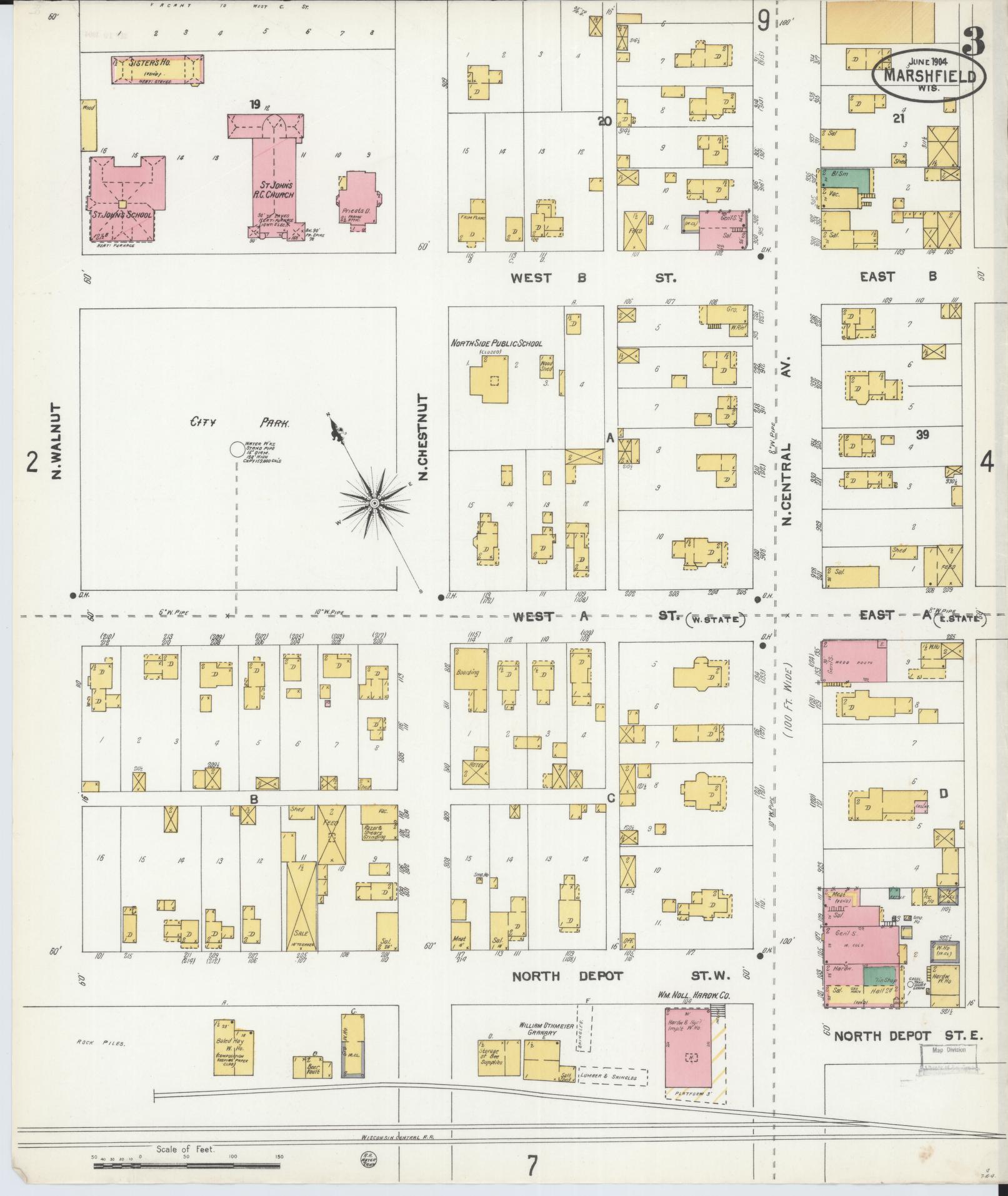 Sanborn Fire Insurance Map from Marshfield, Wood County, Wisconsin (1904), Sheet #0003 - Complete Map Set gallery image, historic Sanborn map, vintage wall art, Wisconsin Wisconsin