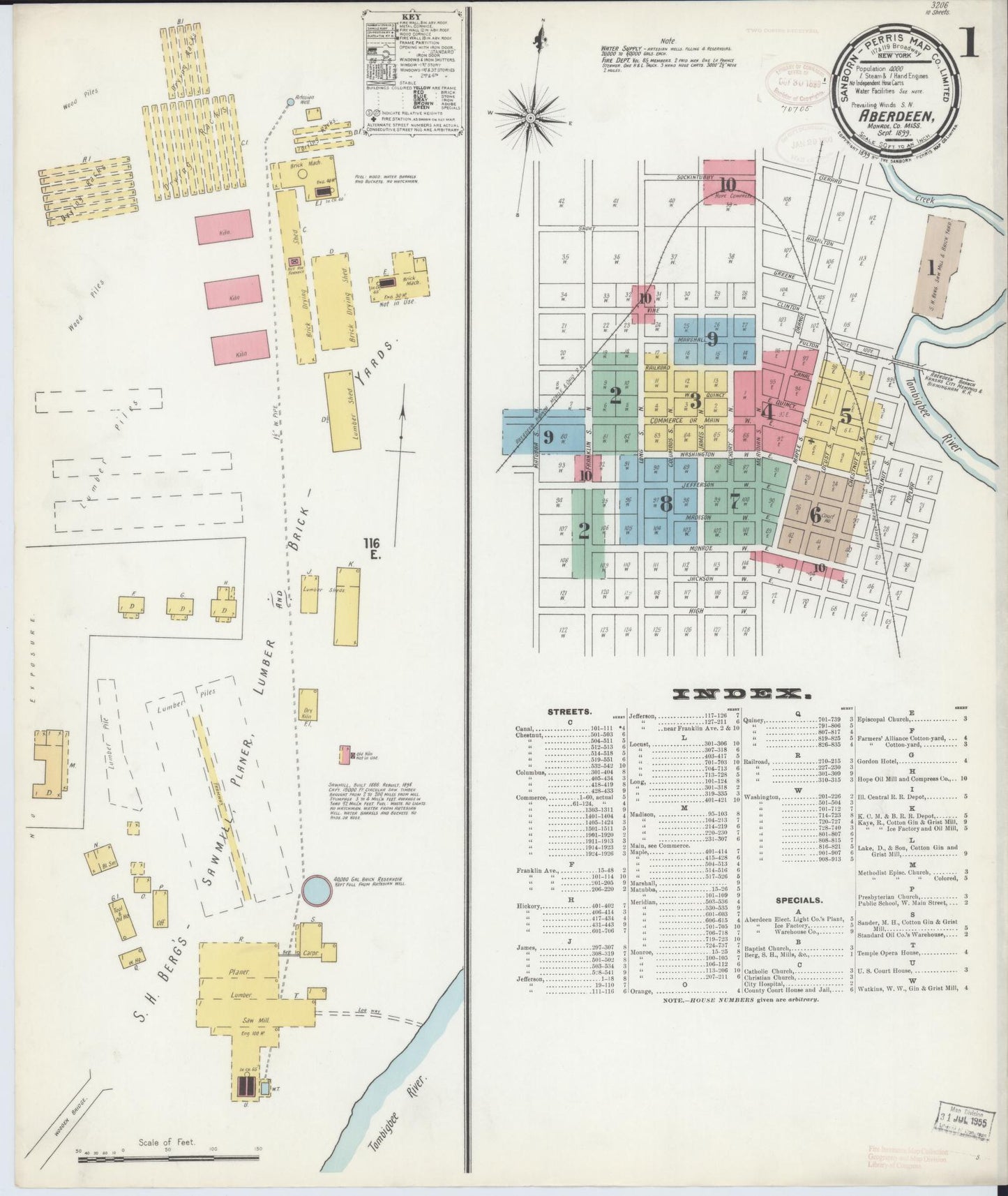 Sanborn Fire Insurance Map from Aberdeen, Monroe County, Mississippi (1899), Sheet #0001 - Historic Sanborn Fire Insurance Map Print, vintage old map wall art, antique decor, genealogy gift, Mississippi Mississippi map