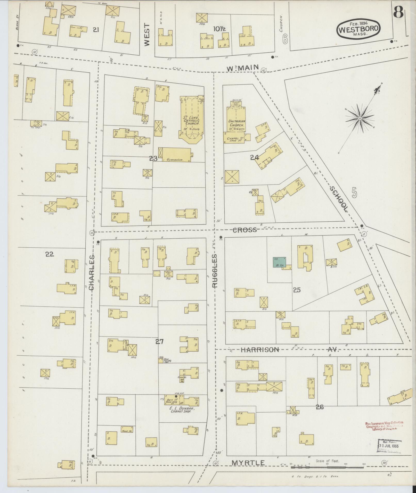 Sanborn Fire Insurance Map from Westboro, Worcester County, Massachusetts (1894), Sheet #0008 - Complete Map Set gallery image, historic Sanborn map, vintage wall art, Massachusetts Massachusetts