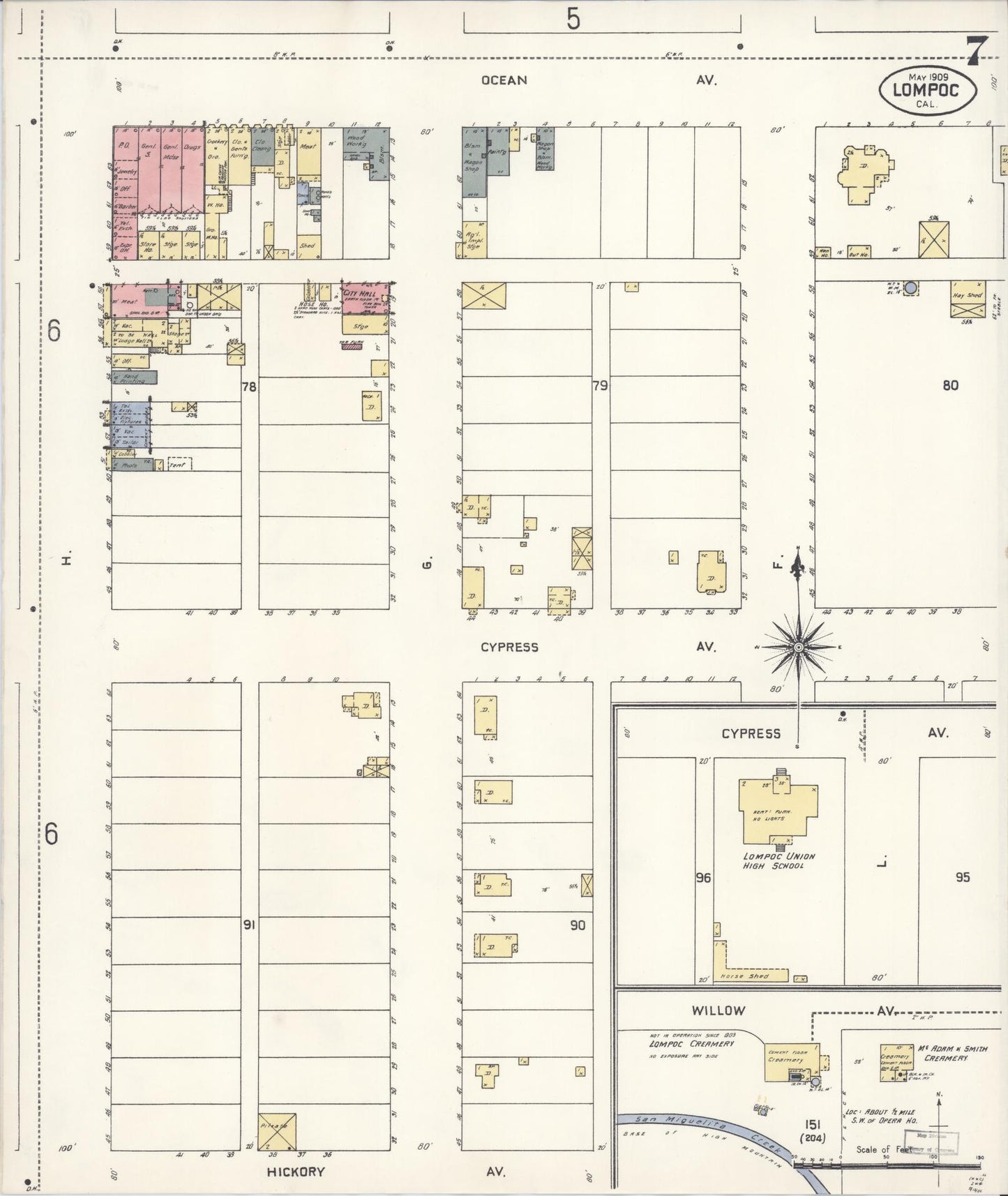 Sanborn Fire Insurance Map from Lompoc, Santa Barbara County, California (1909), Sheet #0007 - Historic Sanborn Fire Insurance Map Print, vintage old map wall art, antique decor, genealogy gift, California California map