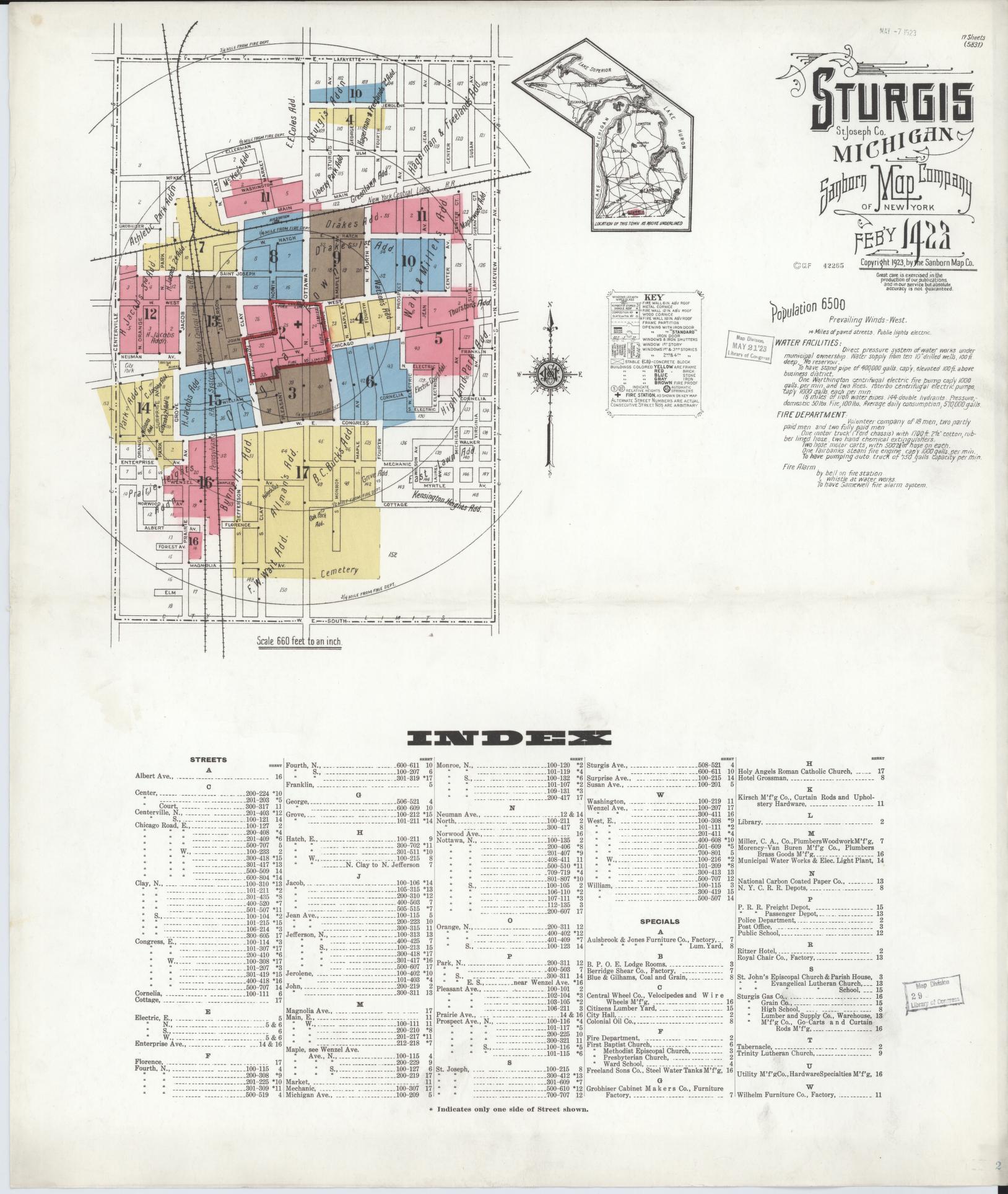 Sanborn Fire Insurance Map from Sturgis, Saint Joseph County, Michigan (1923), Sheet #0001 - Complete Map Set gallery image, historic Sanborn map, vintage wall art, Michigan Michigan