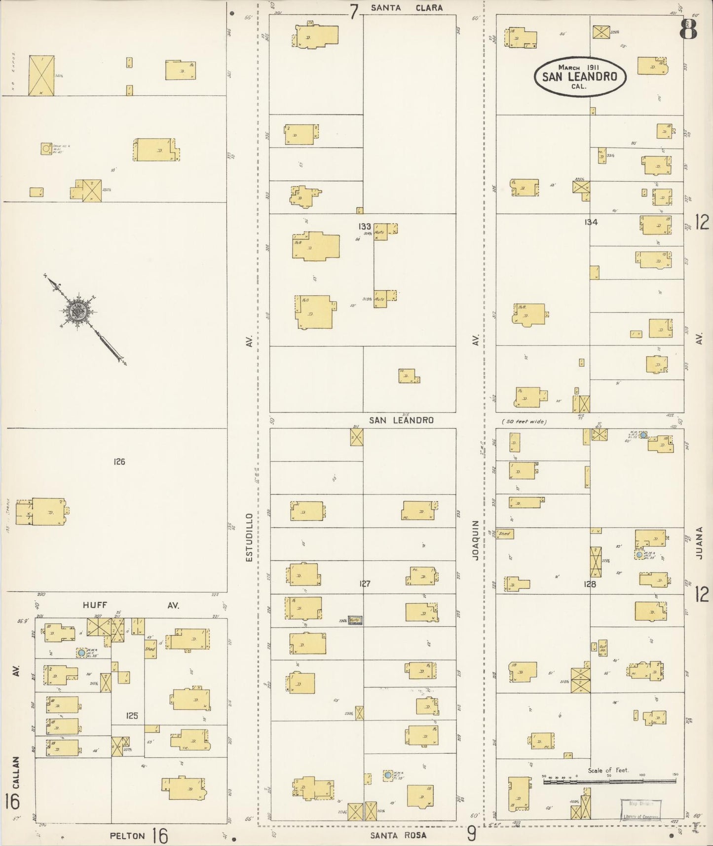 Sanborn Fire Insurance Map from San Leandro, Alameda County, California (1911), Sheet #0008 - Complete Map Set gallery image, historic Sanborn map, vintage wall art, California California