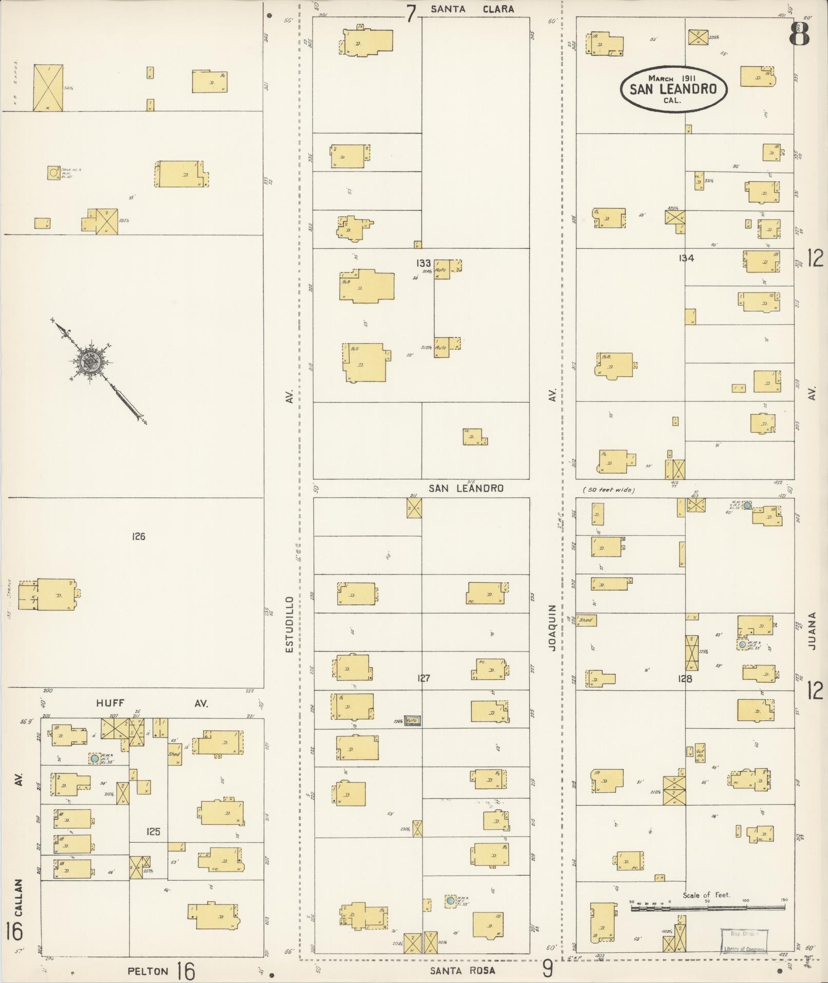 Sanborn Fire Insurance Map from San Leandro, Alameda County, California (1911), Sheet #0008 - Complete Map Set gallery image, historic Sanborn map, vintage wall art, California California