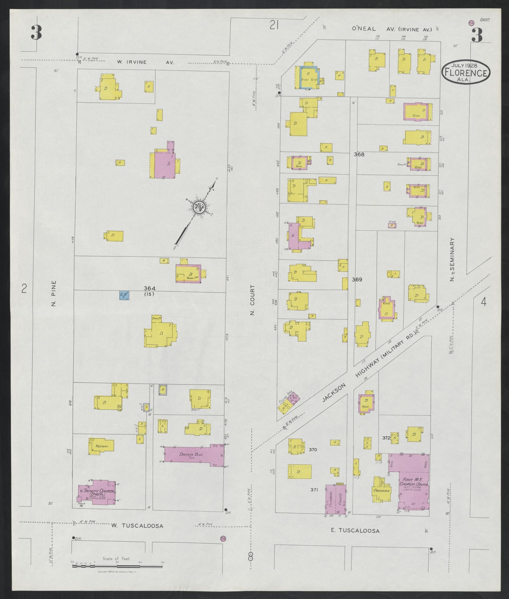 Sanborn Fire Insurance Map from Florence, Lauderdale County, Alabama (1928), Sheet #0003 - Historic Sanborn Fire Insurance Map Print, vintage old map wall art, antique decor, genealogy gift, Alabama Alabama map