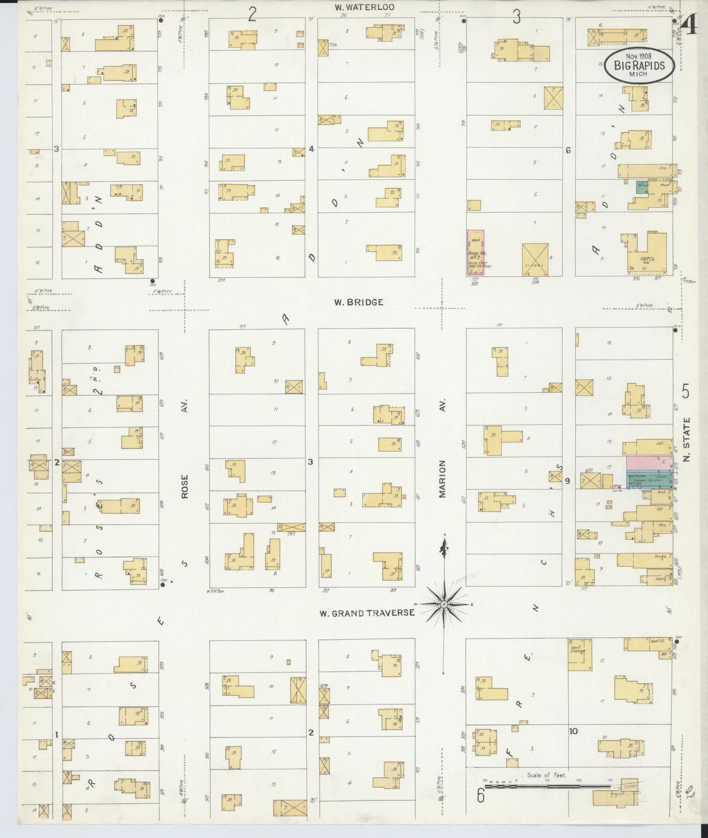 Sanborn Fire Insurance Map from Big Rapids, Mecosta County, Michigan (1908), Sheet #0004 - Complete Map Set gallery image, historic Sanborn map, vintage wall art, Michigan Michigan