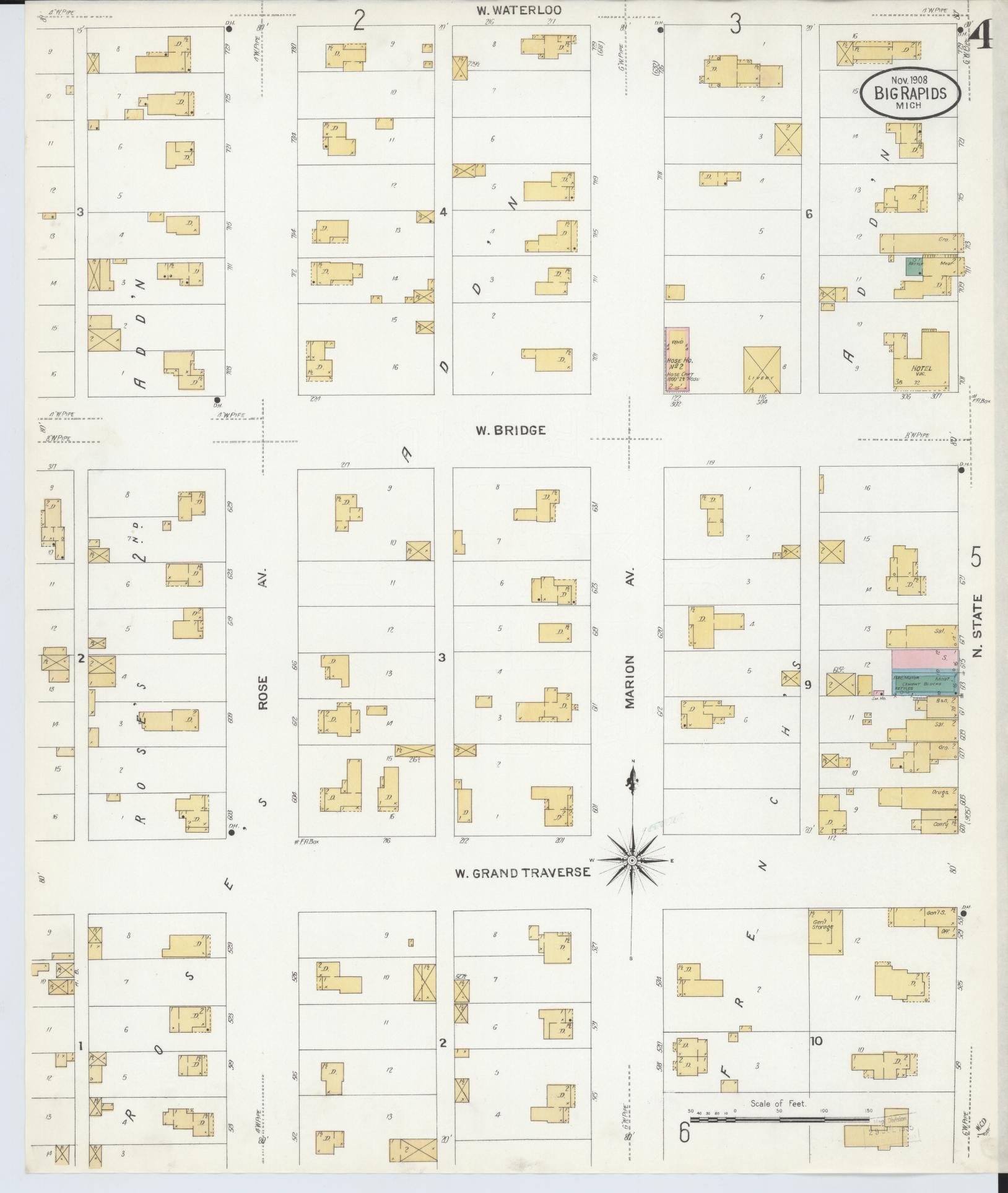 Sanborn Fire Insurance Map from Big Rapids, Mecosta County, Michigan (1908), Sheet #0004 - Complete Map Set gallery image, historic Sanborn map, vintage wall art, Michigan Michigan