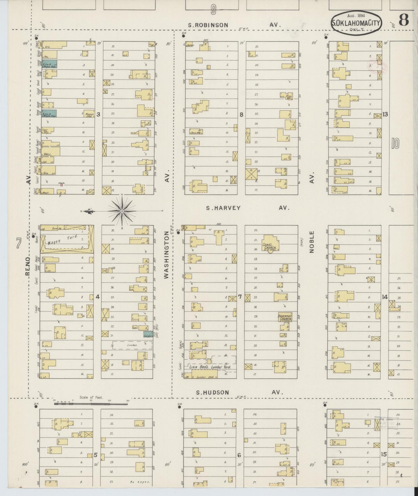Sanborn Fire Insurance Map from Oklahoma City, Oklahoma County, Oklahoma (1894), Sheet #0008 - Complete Map Set gallery image, historic Sanborn map, vintage wall art, Oklahoma City Oklahoma