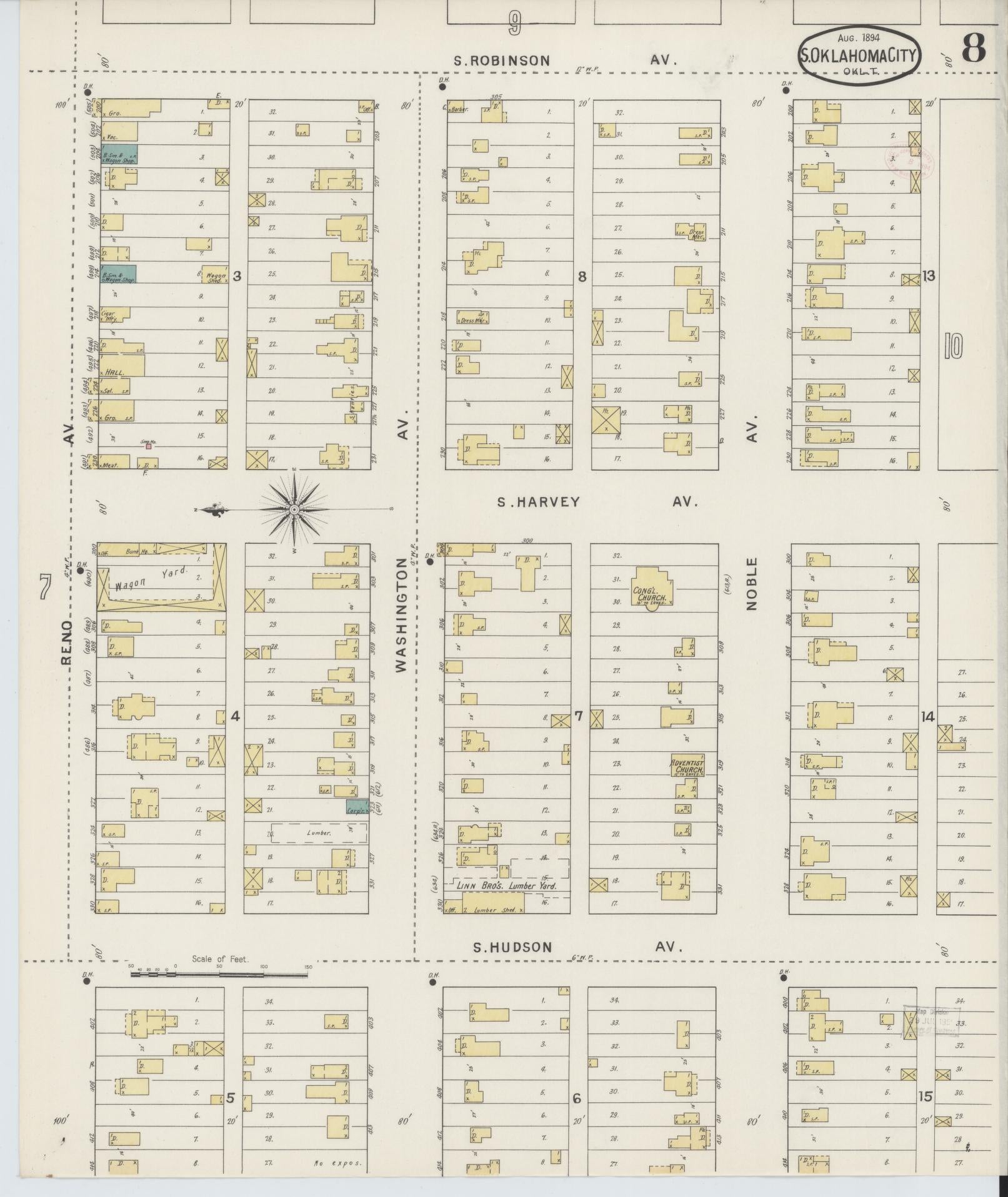 Sanborn Fire Insurance Map from Oklahoma City, Oklahoma County, Oklahoma (1894), Sheet #0008 - Complete Map Set gallery image, historic Sanborn map, vintage wall art, Oklahoma City Oklahoma