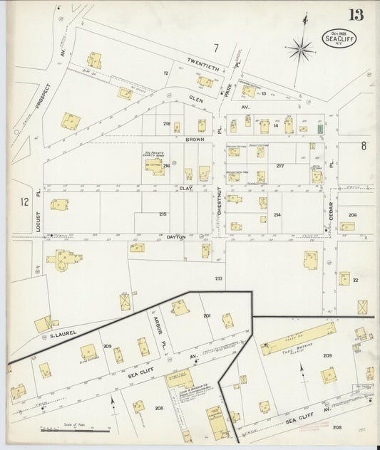 Sanborn Fire Insurance Map from Sea Cliff, Nassau County, New York (1908), Sheet #0013 - Historic Sanborn Fire Insurance Map Print, vintage old map wall art, antique decor, genealogy gift, New York New York map
