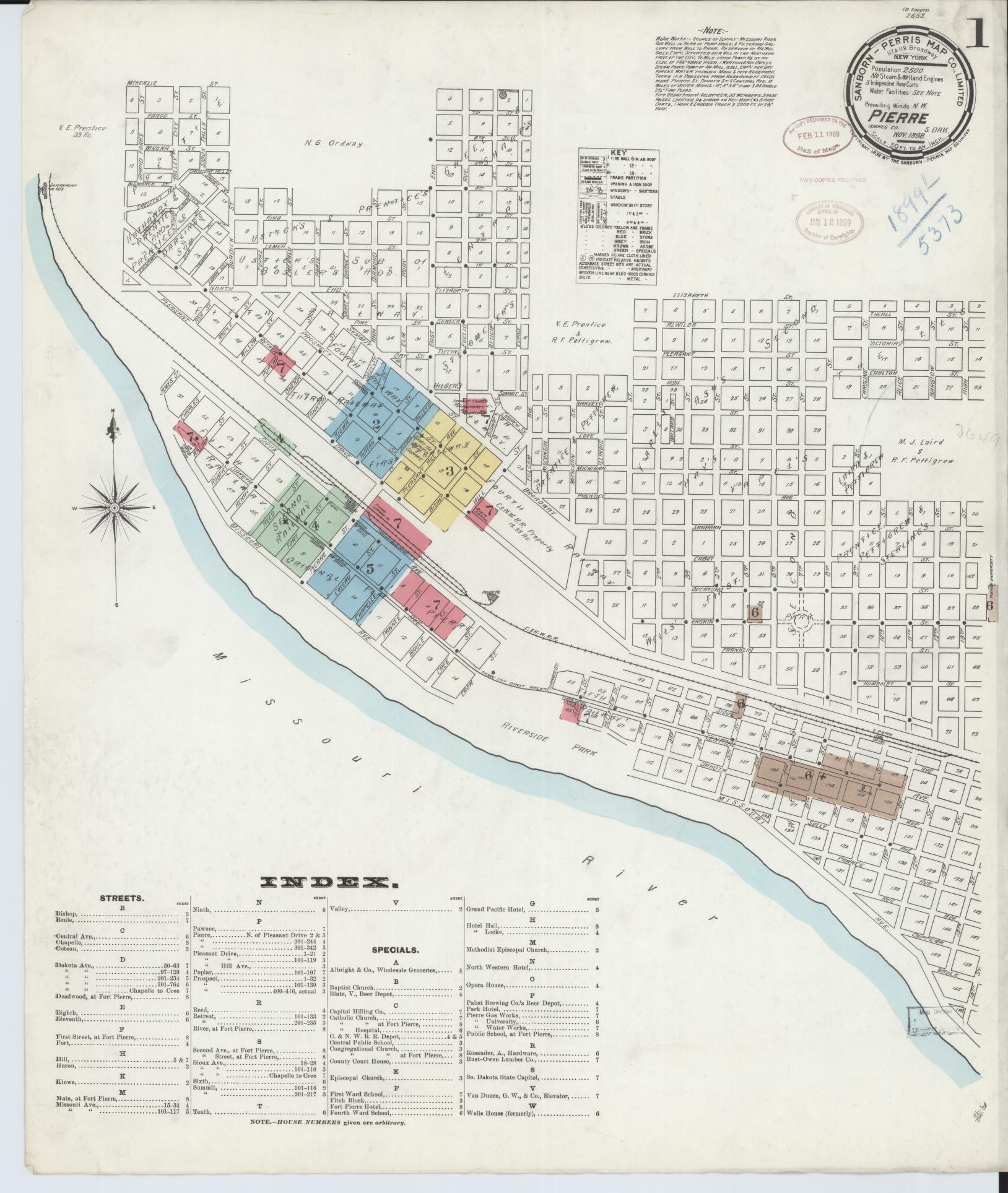 Sanborn Fire Insurance Map from Pierre, Hughes County, South Dakota (1898), Sheet #0001 - Complete Map Set gallery image, historic Sanborn map, vintage wall art, South Dakota South Dakota