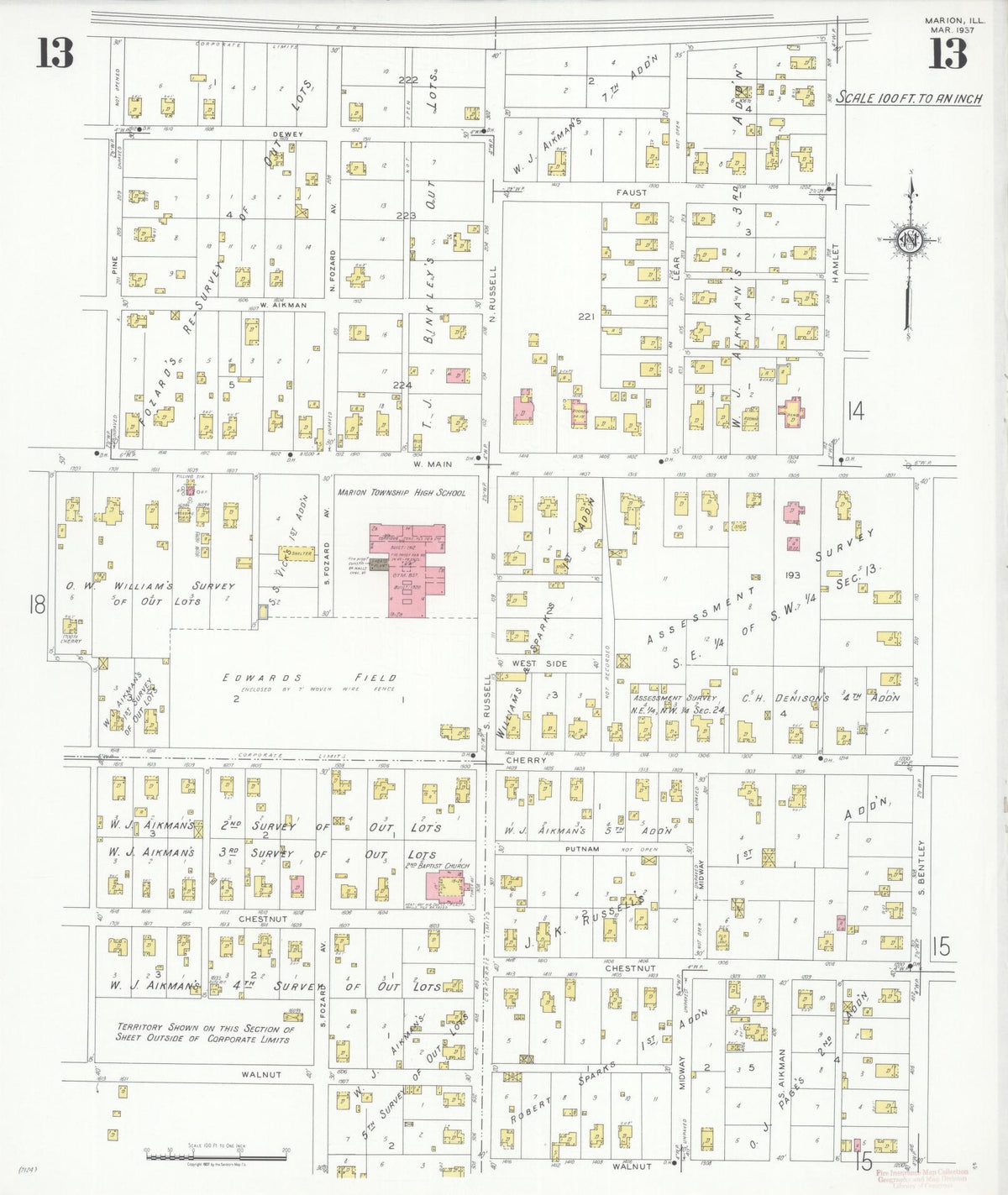 Sanborn Fire Insurance Map from Marion, Williamson County, Illinois (1937), Sheet #0013 - Complete Map Set gallery image, historic Sanborn map, vintage wall art, Illinois Illinois