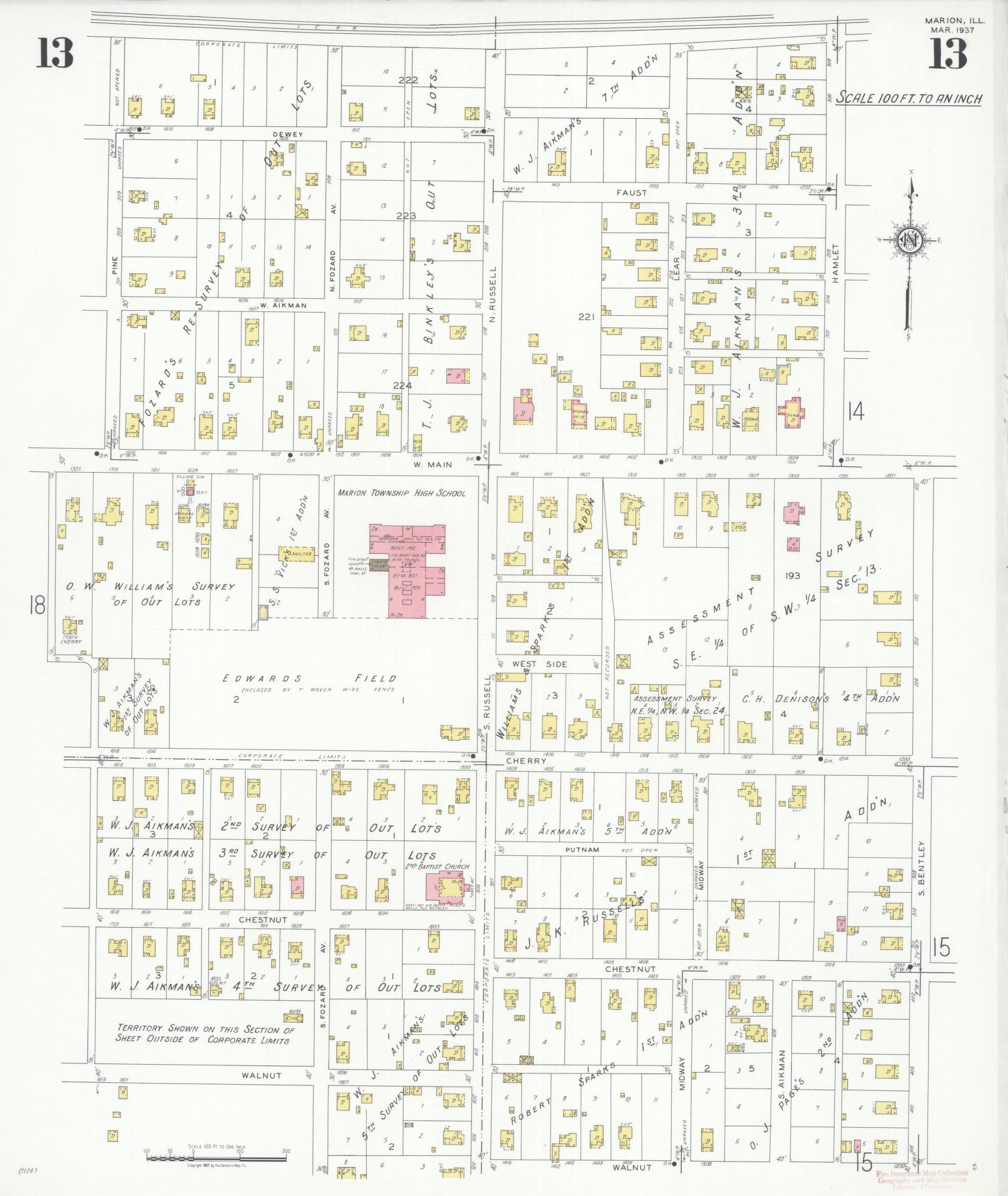 Sanborn Fire Insurance Map from Marion, Williamson County, Illinois (1937), Sheet #0013 - Complete Map Set gallery image, historic Sanborn map, vintage wall art, Illinois Illinois