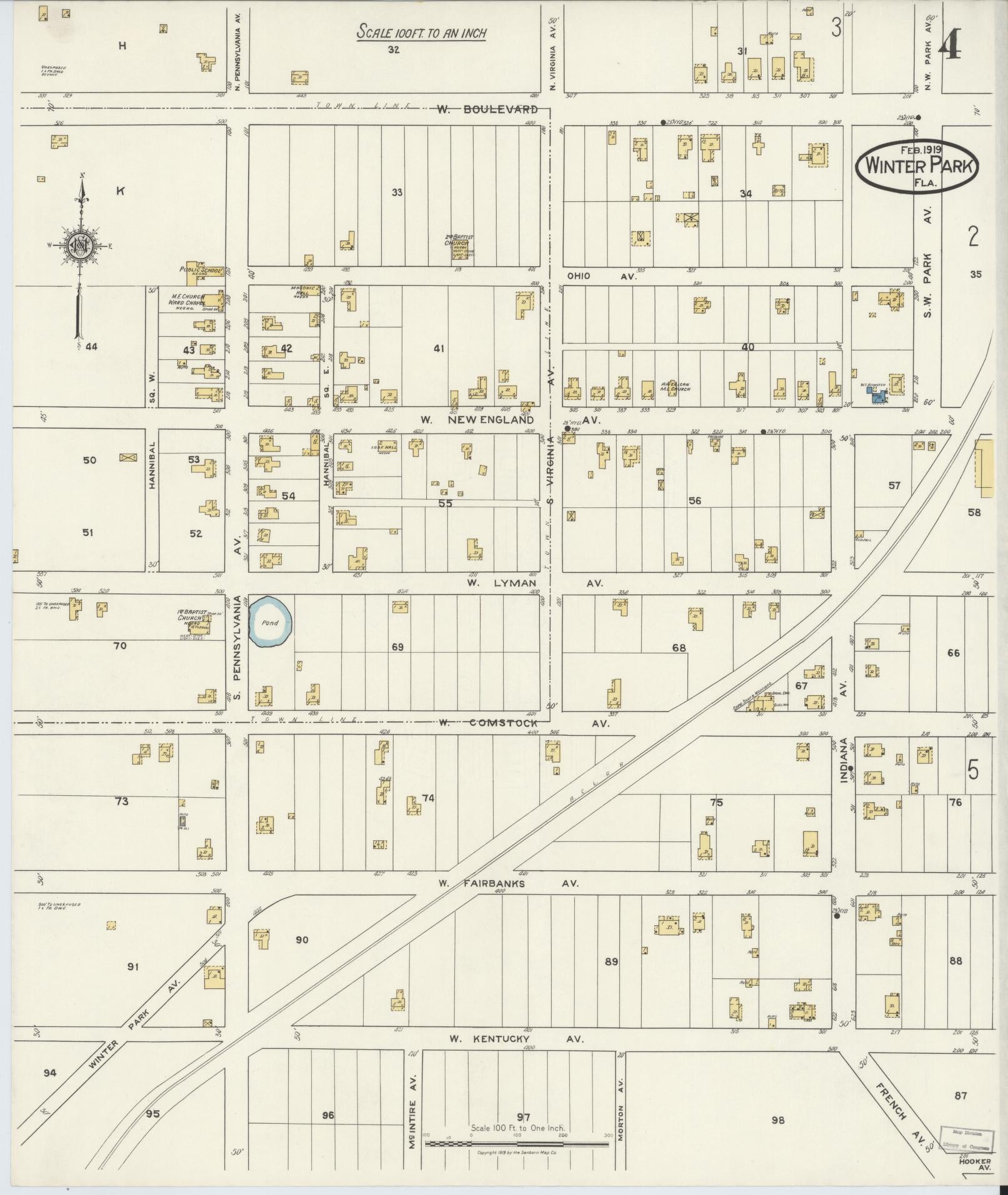 Sanborn Fire Insurance Map from Winter Park, Orange County, Florida (1919), Sheet #0004 - Complete Map Set gallery image, historic Sanborn map, vintage wall art, Florida Florida