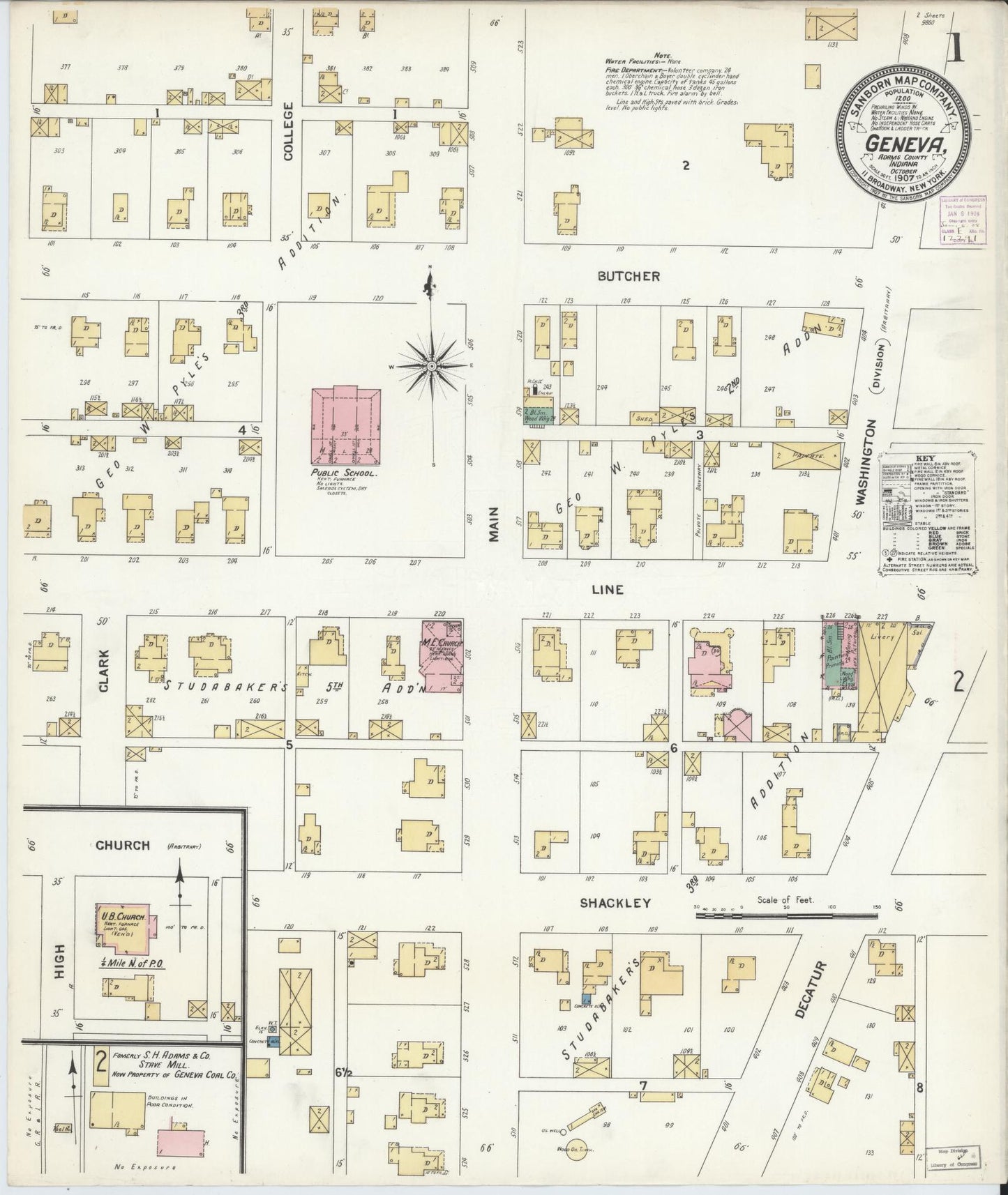 Sanborn Fire Insurance Map from Geneva, Adams County, Indiana (1907), Sheet #0001 - Complete Map Set gallery image, historic Sanborn map, vintage wall art, Indiana Indiana