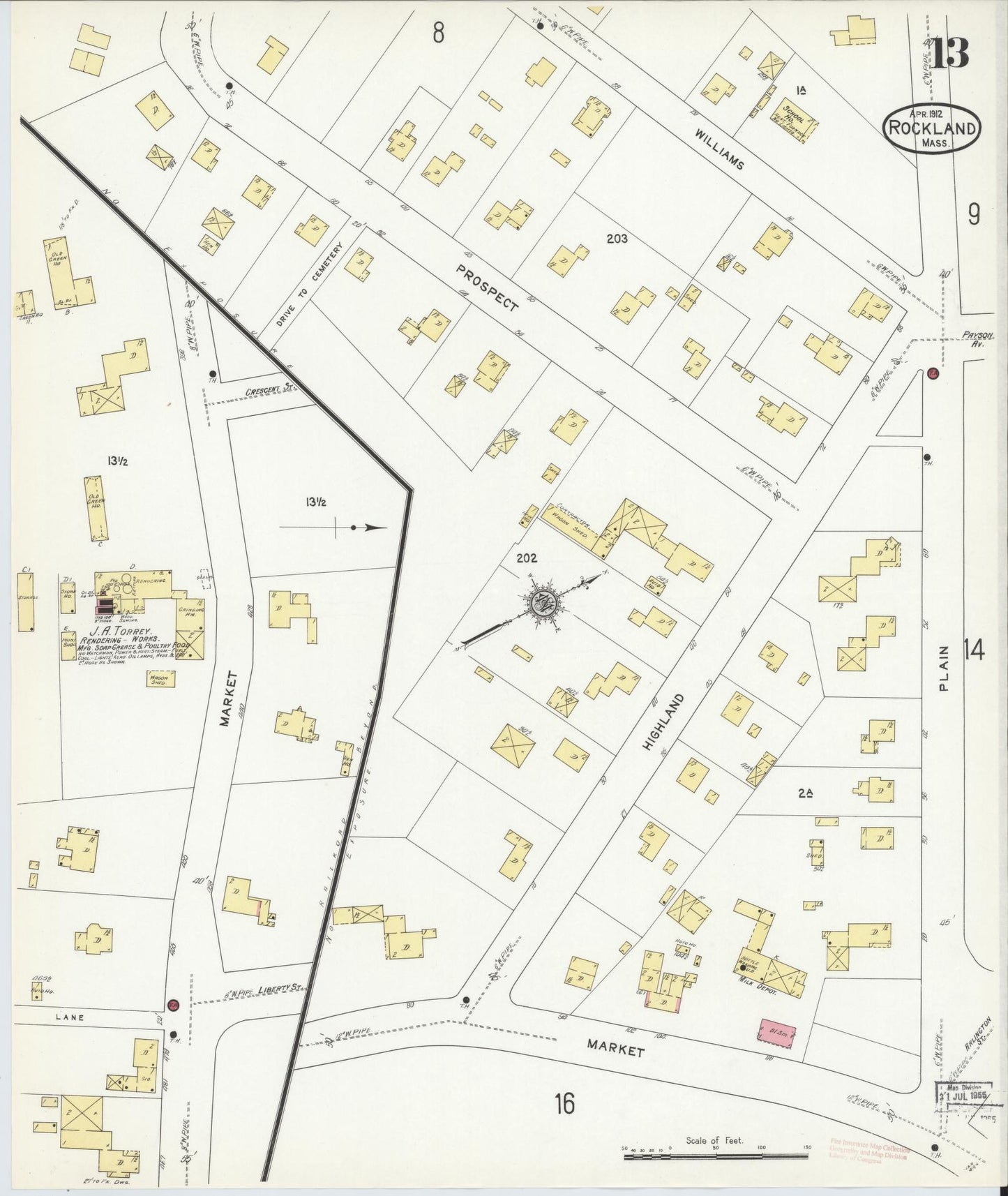 Sanborn Fire Insurance Map from Rockland, Plymouth County, Massachusetts (1912), Sheet #0013 - Complete Map Set gallery image, historic Sanborn map, vintage wall art, Massachusetts Massachusetts